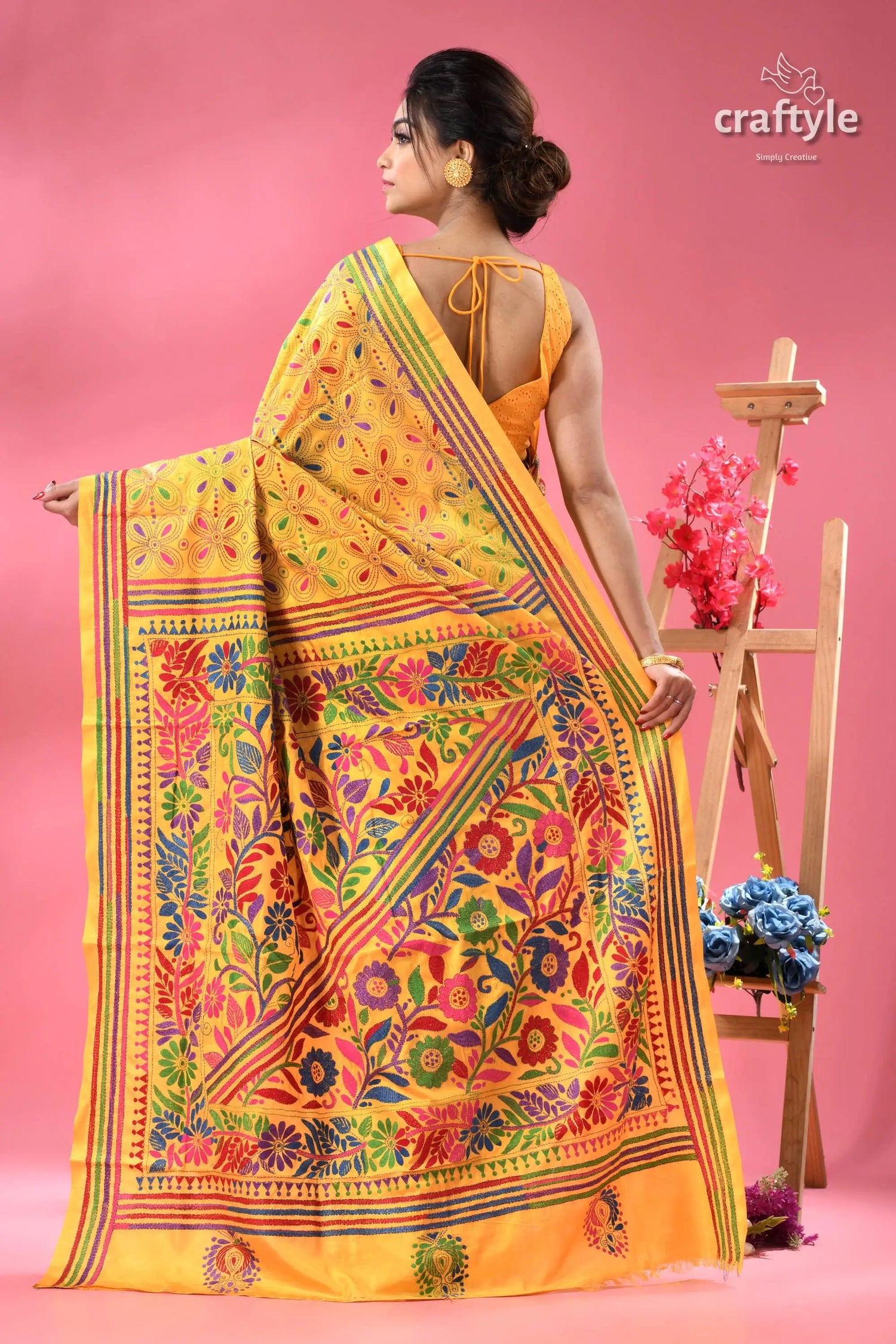 Energy yellow floral silk kantha embroidered saree yellow silk saree intricate floral 5
