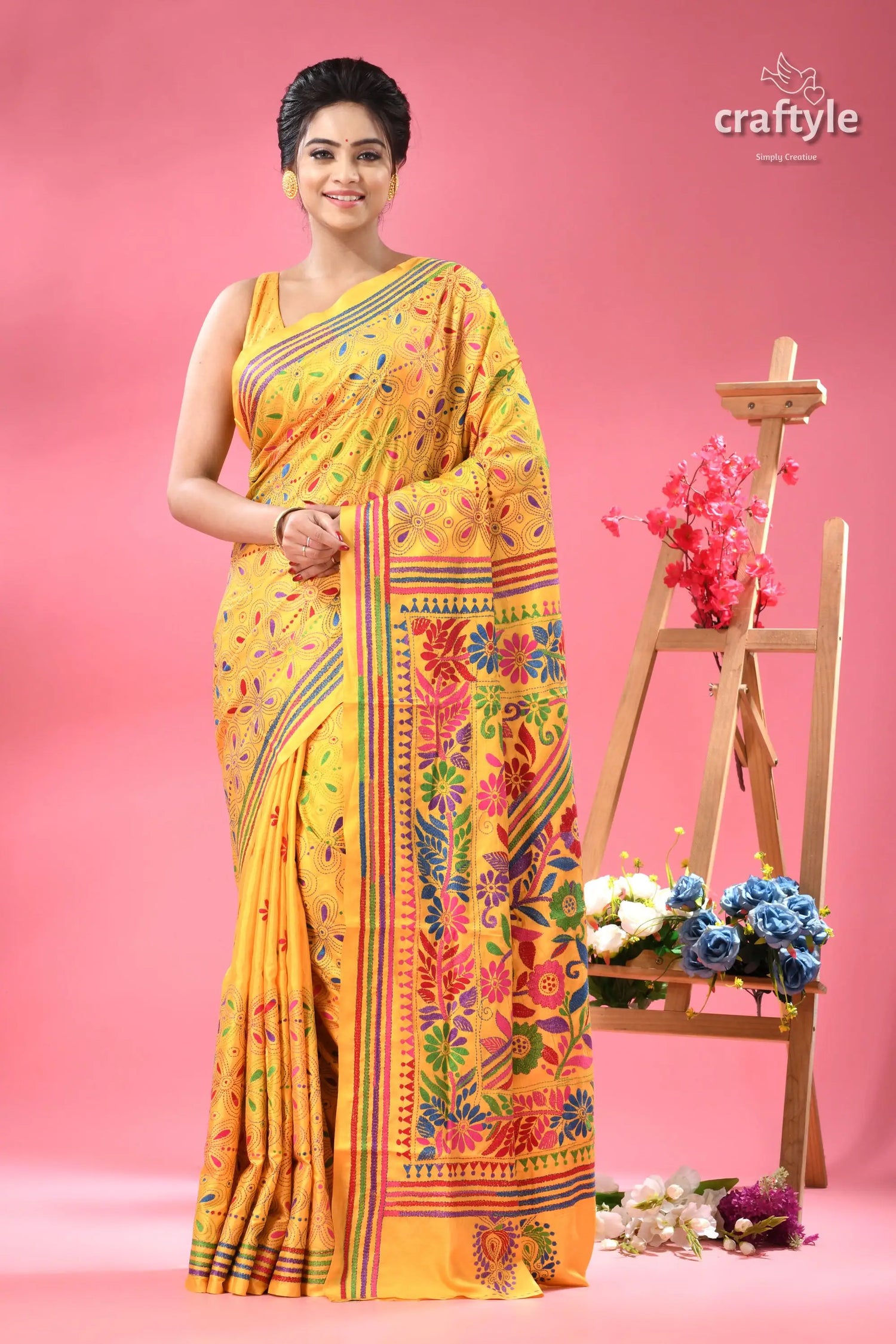 Energy yellow floral silk kantha embroidered saree woman yellow floral embroidered saree 6