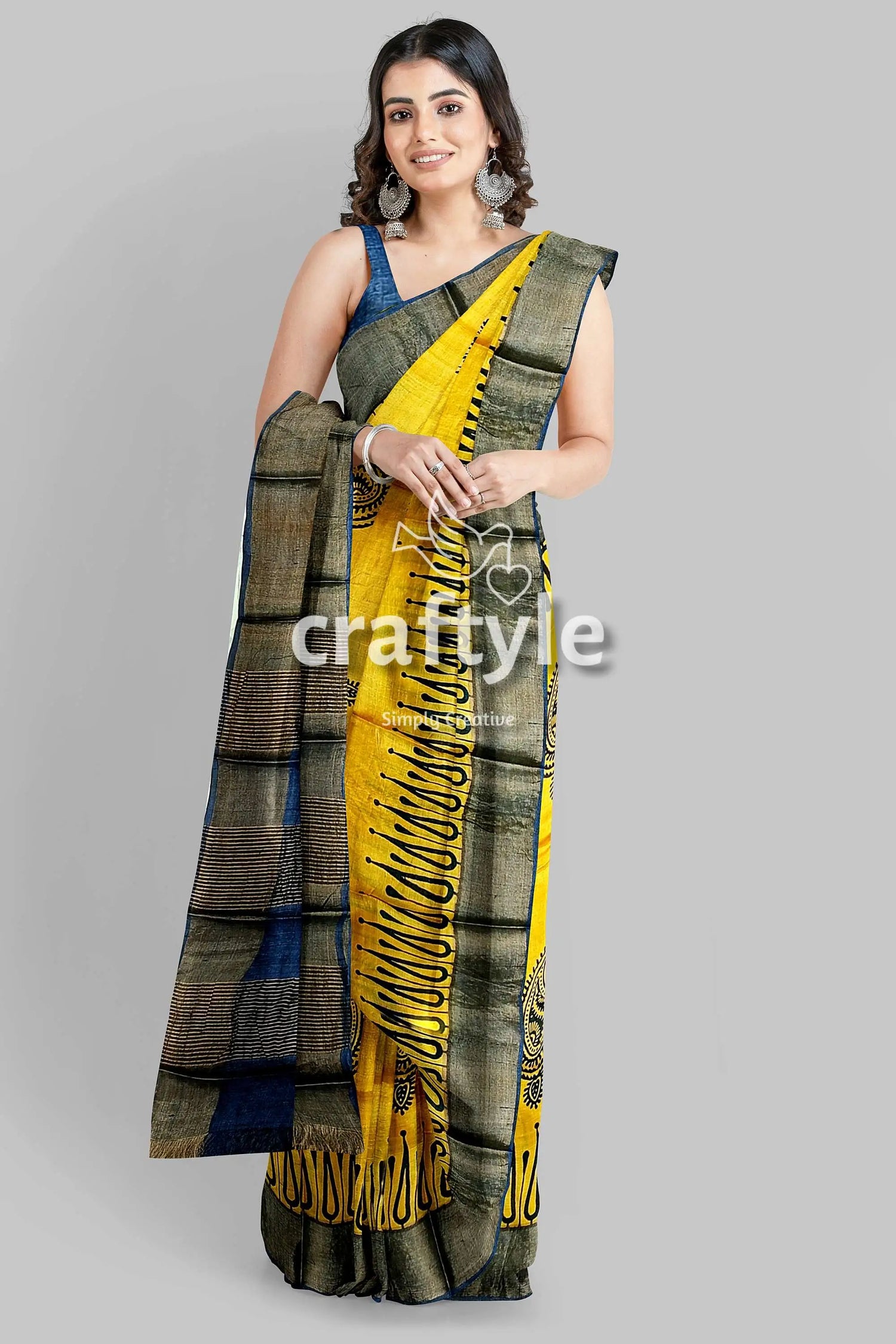 Energy yellow hand block print zari border pure tussar saree yellow black saree 3