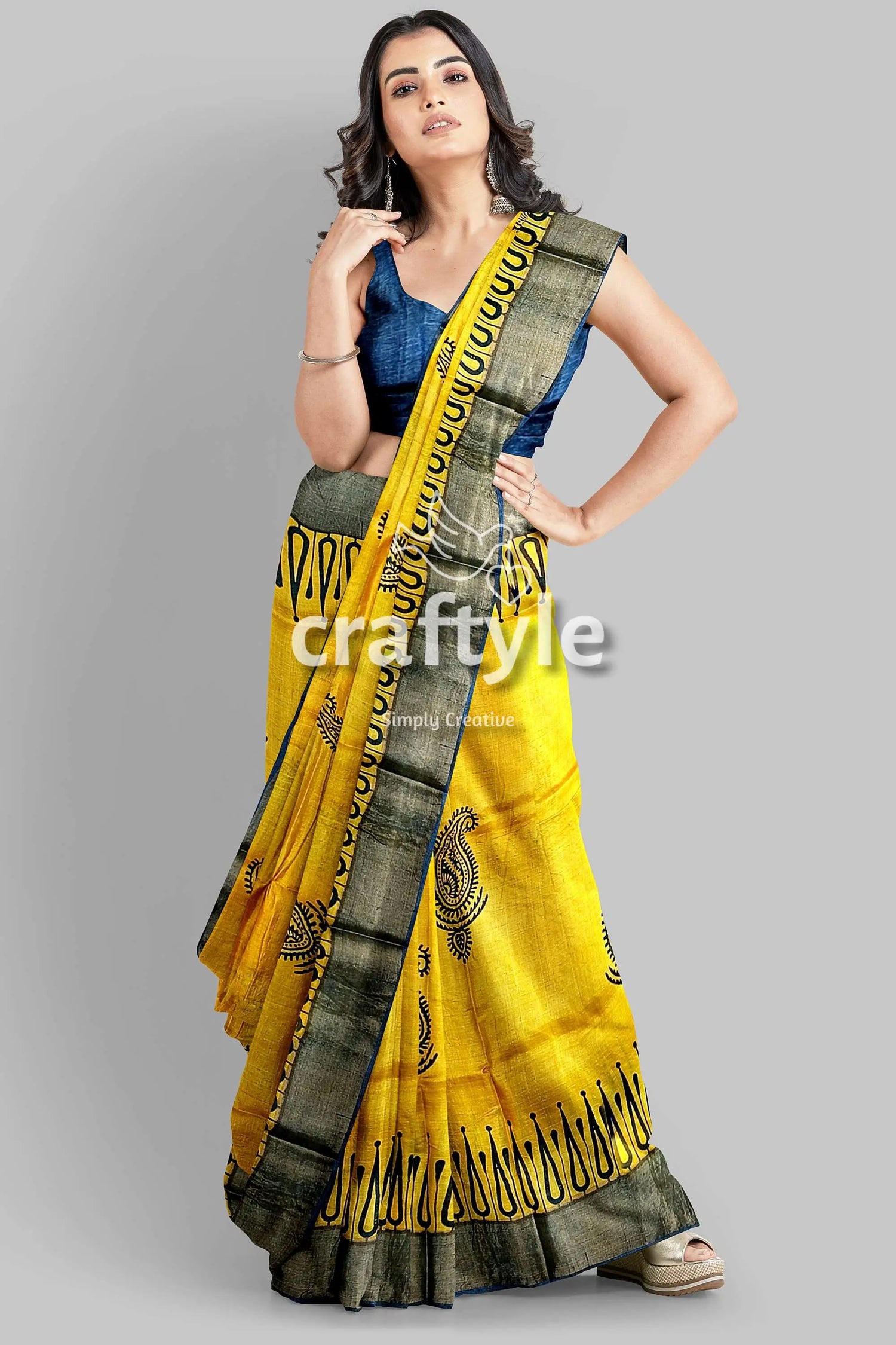Energy yellow hand block print zari border pure tussar saree yellow saree dark border 4