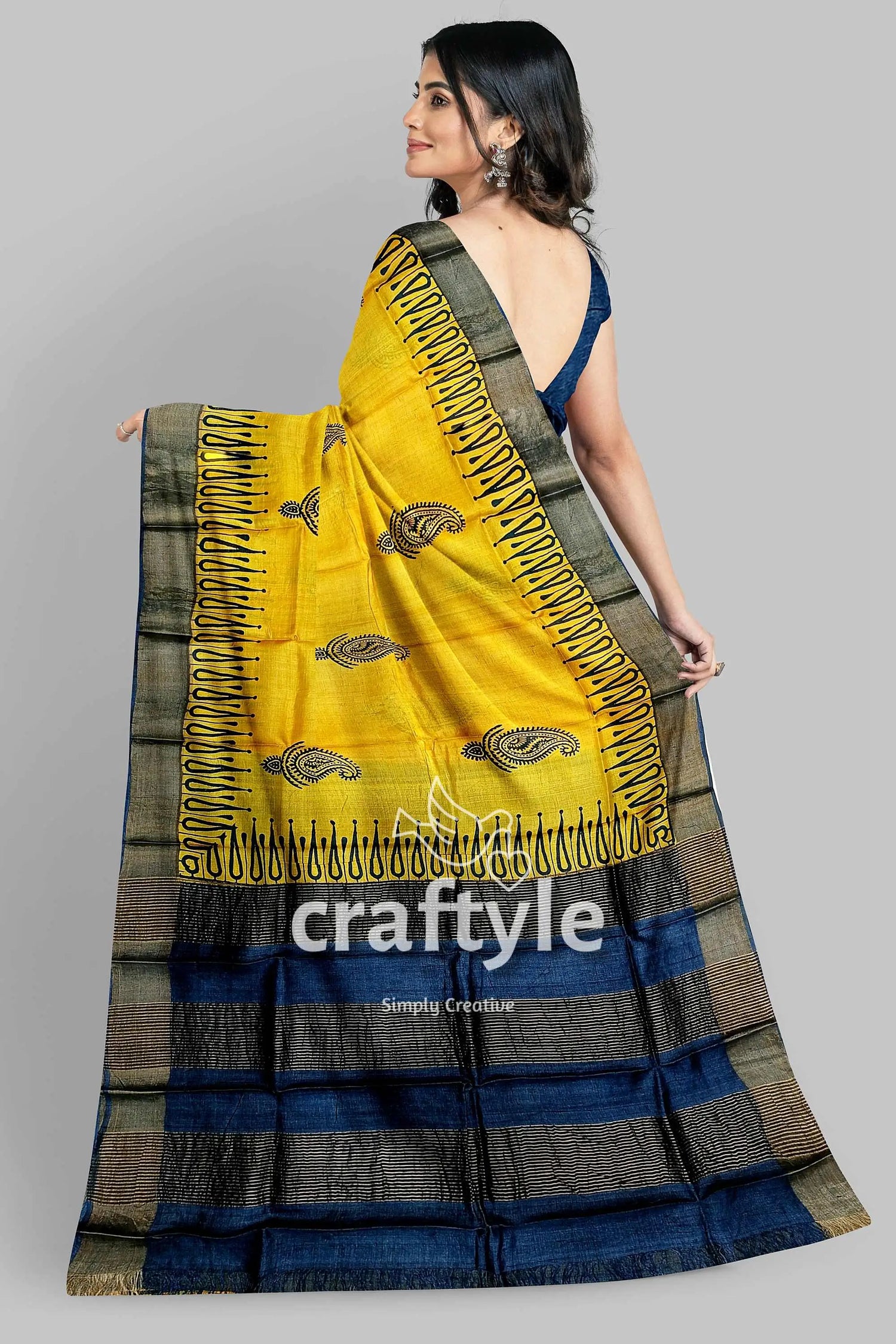 Energy yellow hand block print zari border pure tussar saree yellow blue patterned saree 5