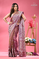 English lavender dual tone silk saree gujrati stitch woman purple silk saree white 4