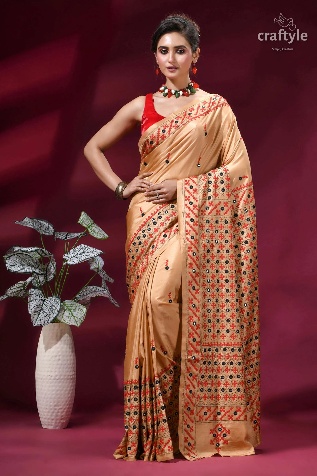 Ethnic design kutch embroidery silk saree in sorrell brown - mirror work beige saree intricate red black 1