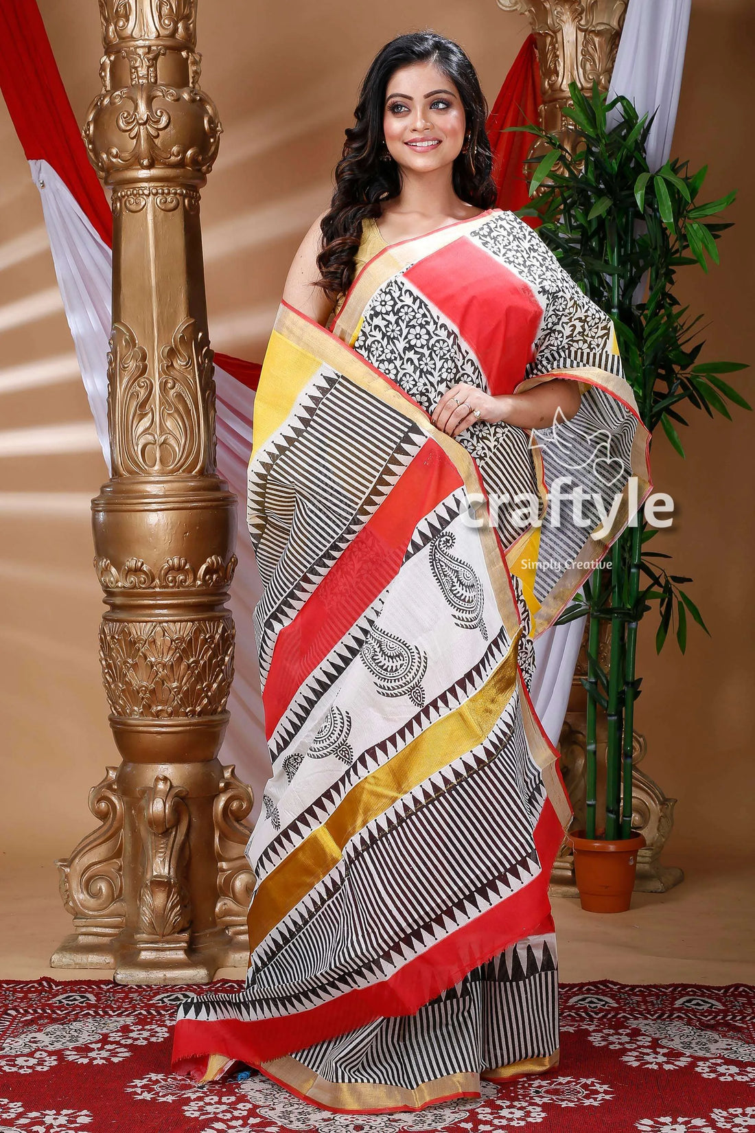 Ethnic design multicolor hand block kerala cotton saree woman colorful patterned 1
