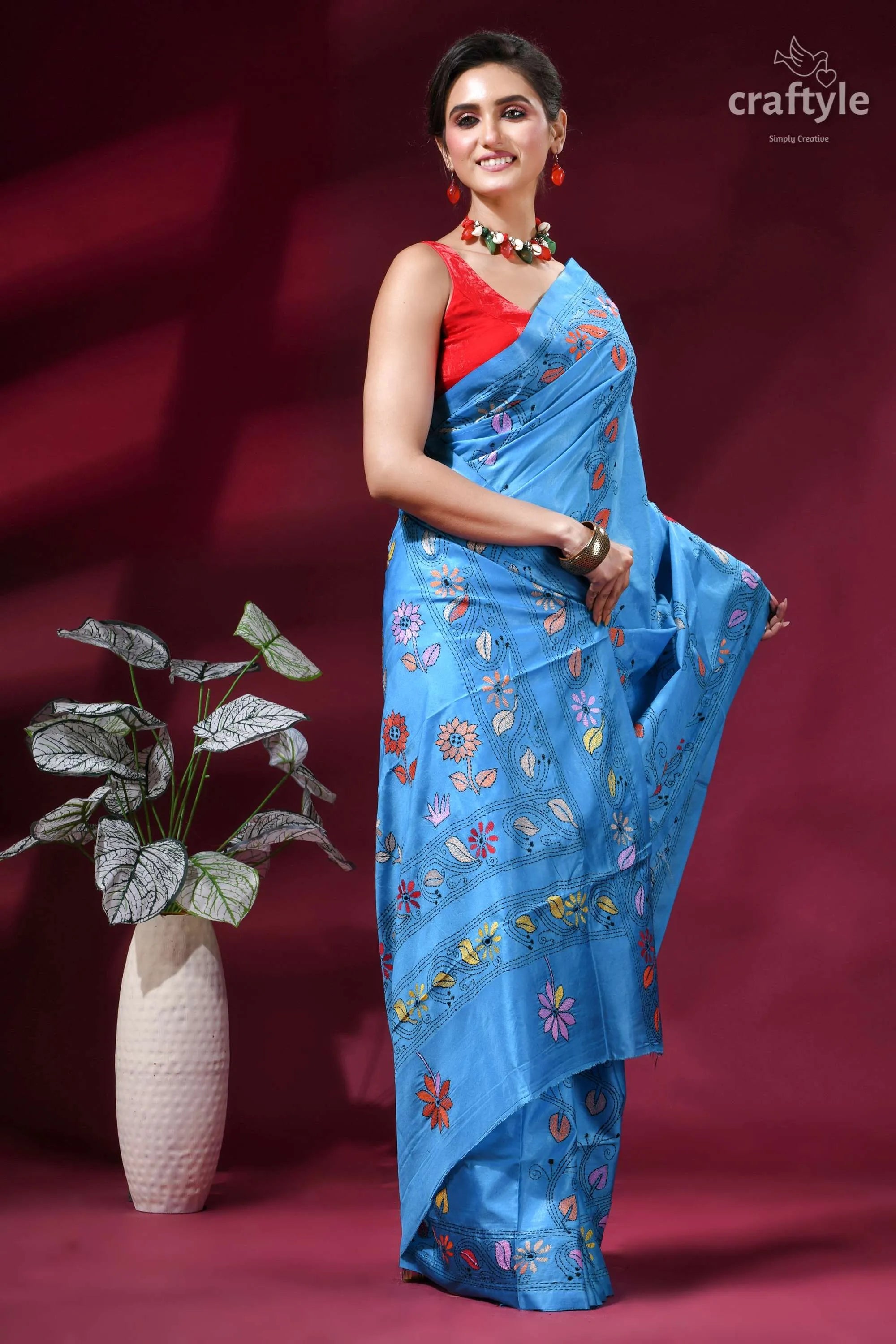 Ethnic folk theme silk kantha saree in picton blue vibrant blue silk saree adorned 5