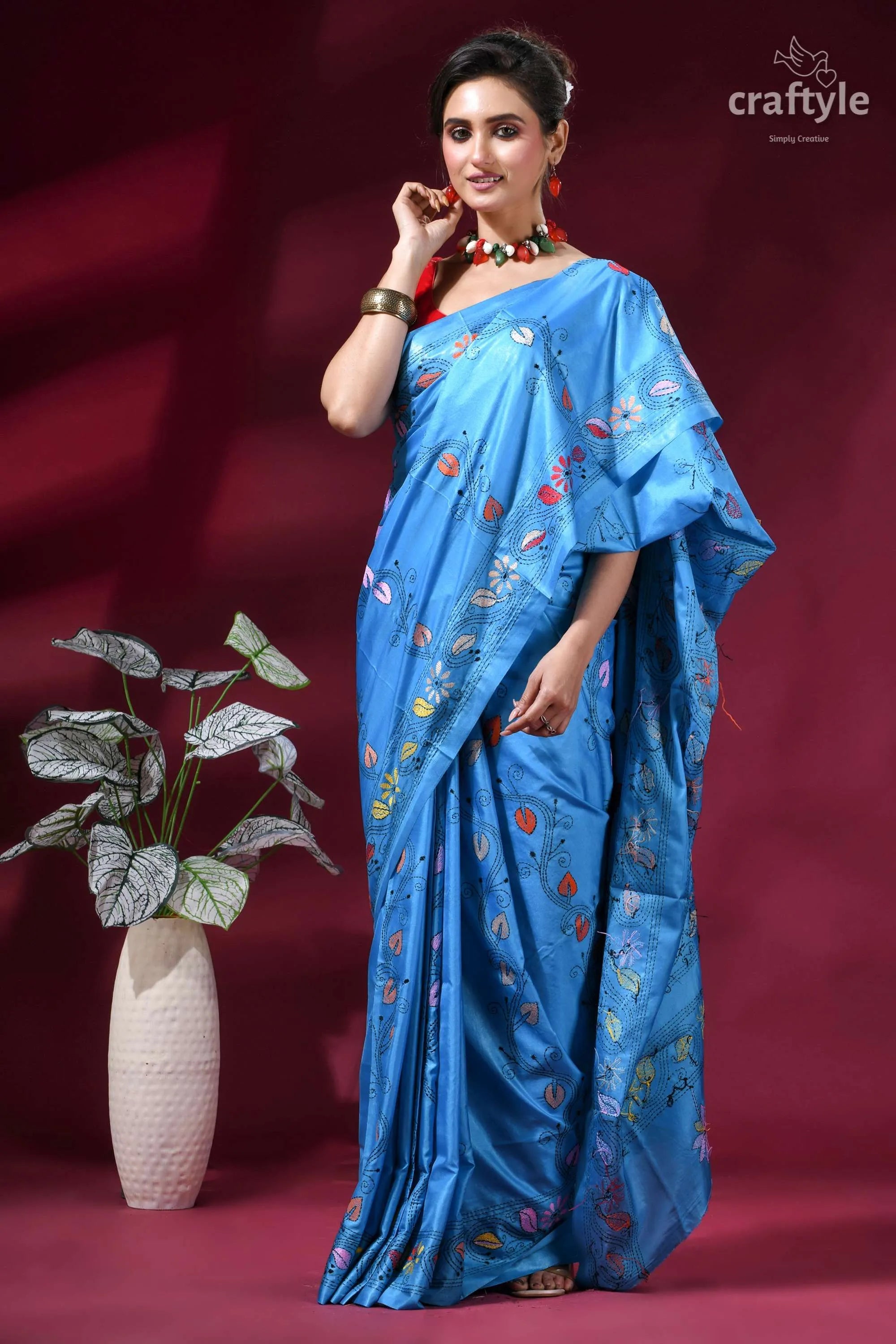 Ethnic folk theme silk kantha saree in picton blue vibrant blue silk saree adorned 6