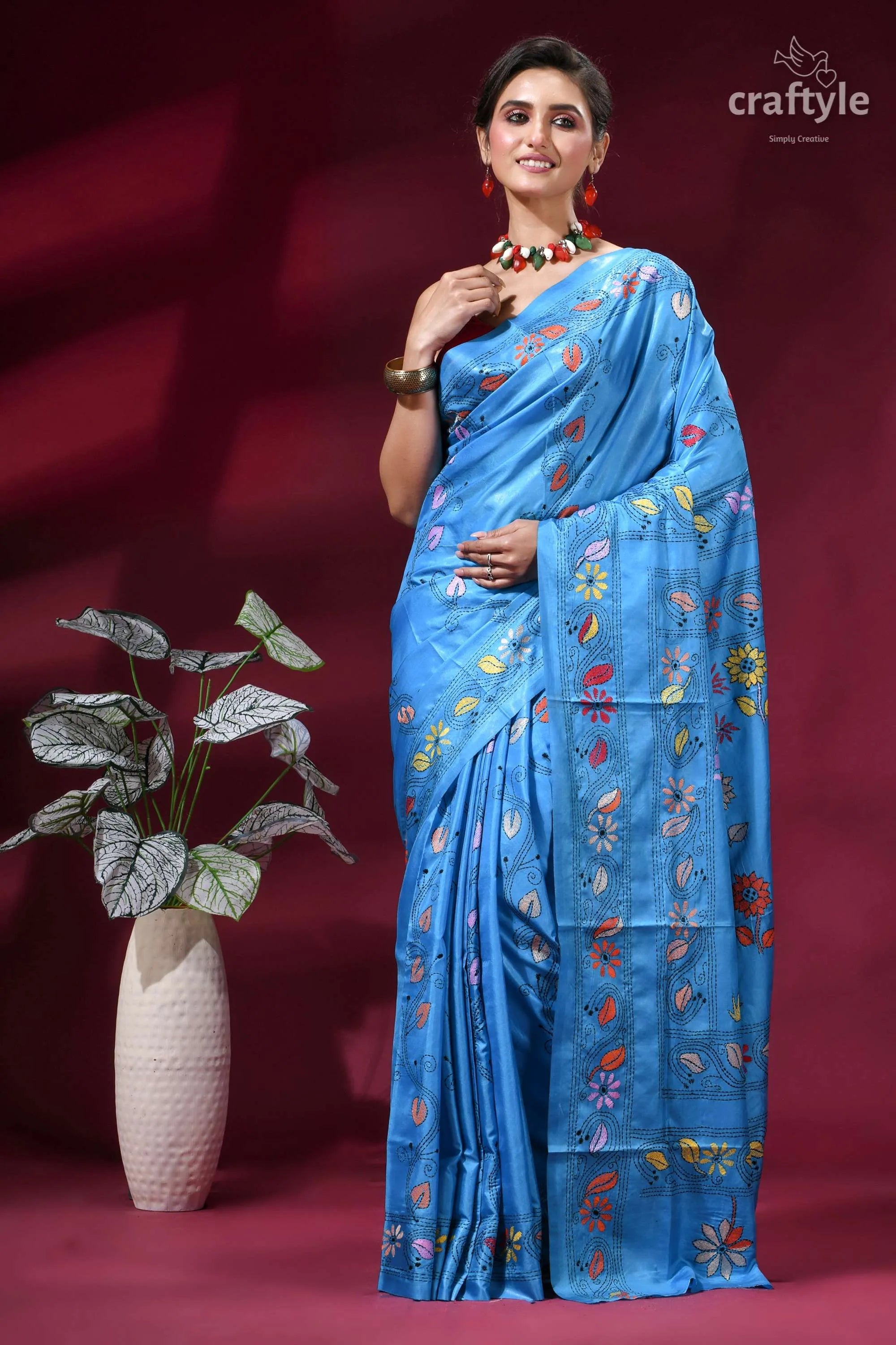 Ethnic folk theme silk kantha saree in picton blue vibrant blue silk saree adorned 7