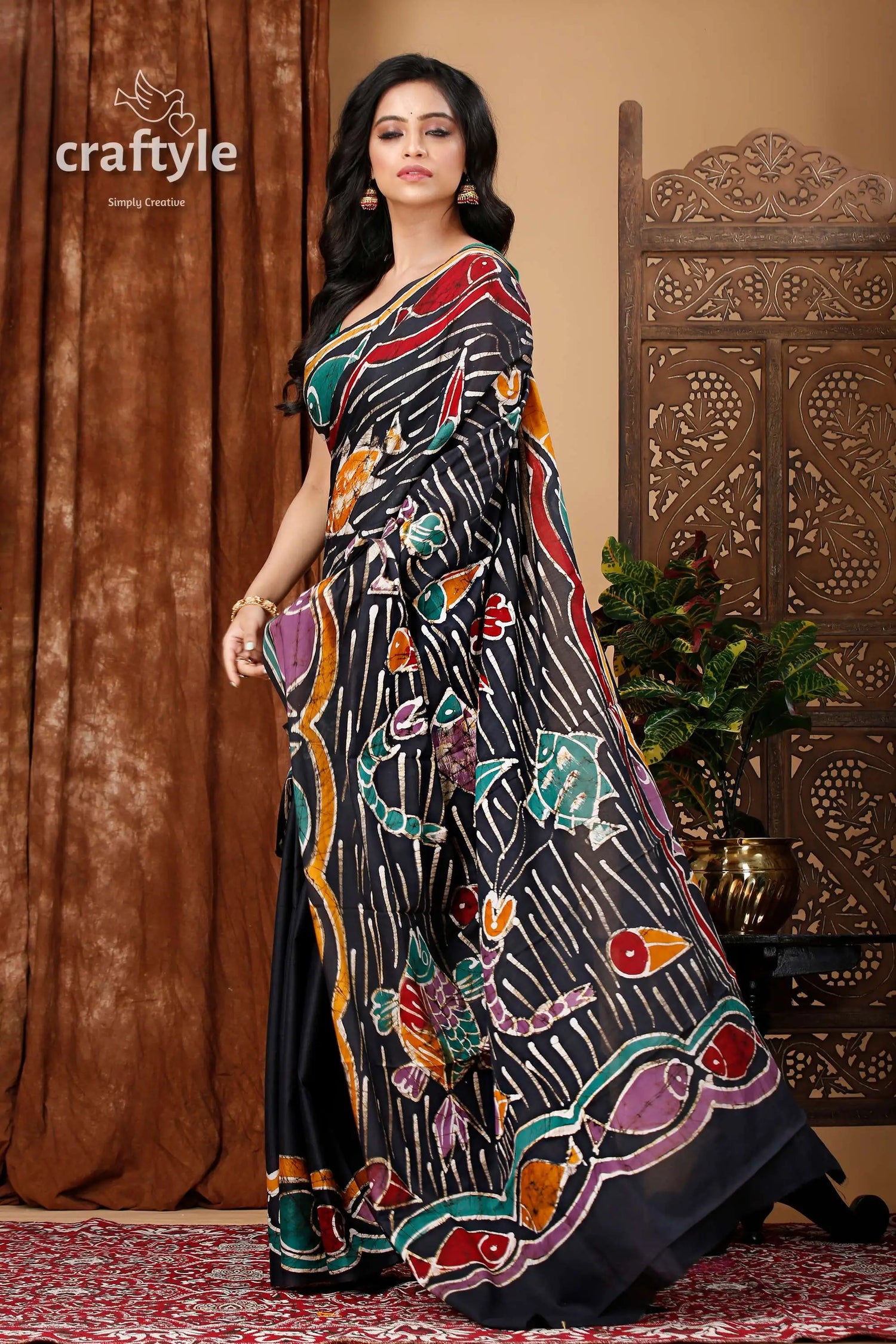 Ethnic hand batik cotton saree with aquatic design - pure and unique woman black batik saree colorful 4