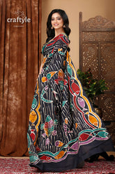 Ethnic hand batik cotton saree with aquatic design - pure and unique woman black saree colorful fish 5
