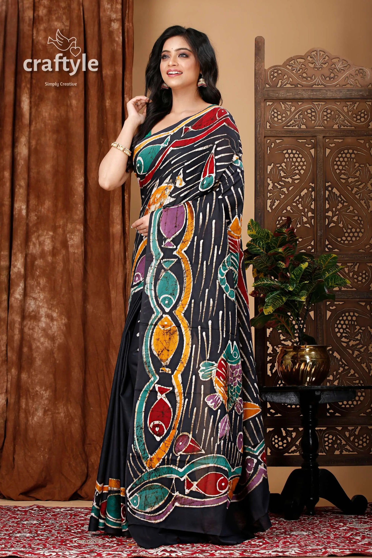 Ethnic hand batik cotton saree with aquatic design - pure and unique black saree colorful fish pattern 3