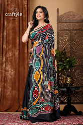 Ethnic hand batik cotton saree with aquatic design - pure and unique black saree colorful fish pattern 3