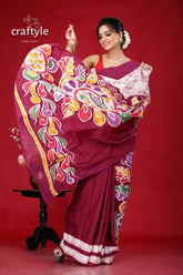 Ethnic hand batik saree in pure cotton - alpana design for a unique look maroon batik saree floral patterns 4