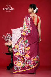 Ethnic hand batik saree in pure cotton - alpana design for a unique look maroon white batik saree 5