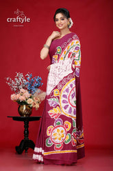 Ethnic hand batik saree in pure cotton - alpana design for a unique look maroon white batik saree 3