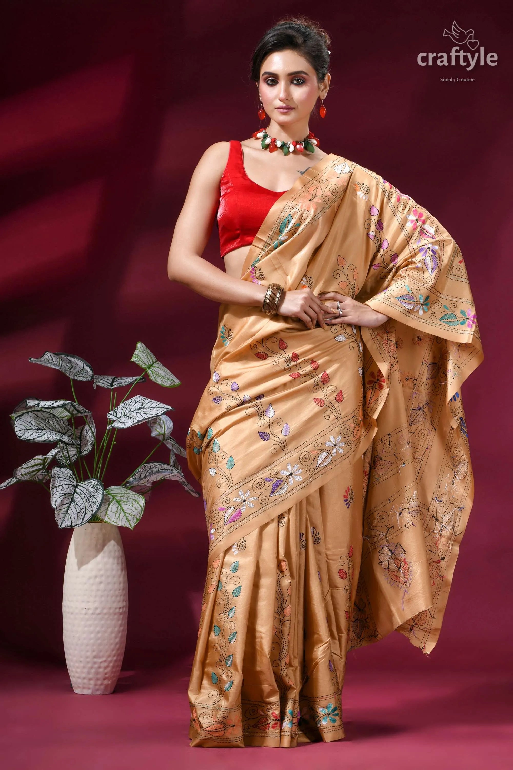 Ethnic silk kantha stitch saree in desert sand golden silk saree adorned intricate 5