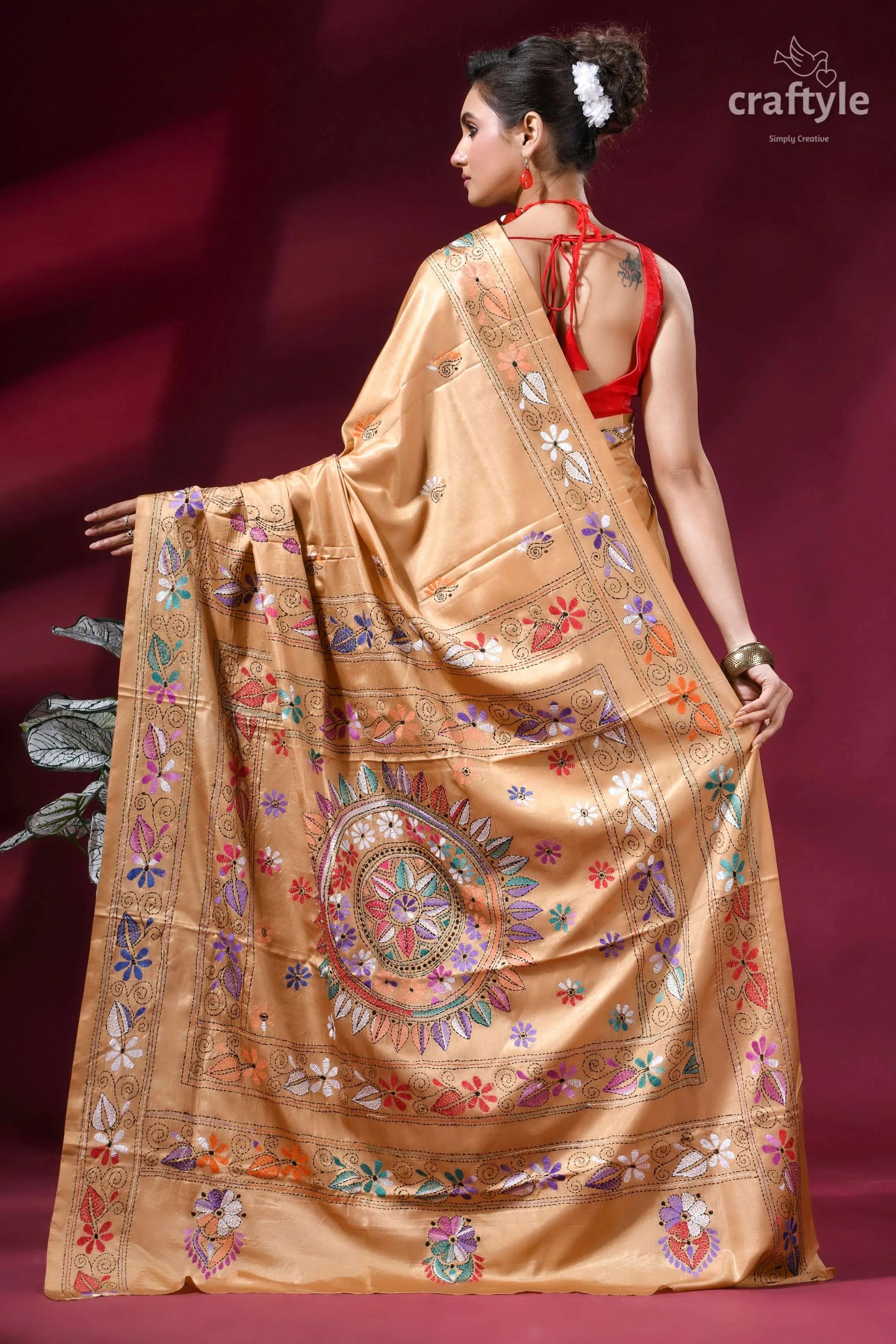 Ethnic silk kantha stitch saree in desert sand golden silk saree intricate multicolored 4