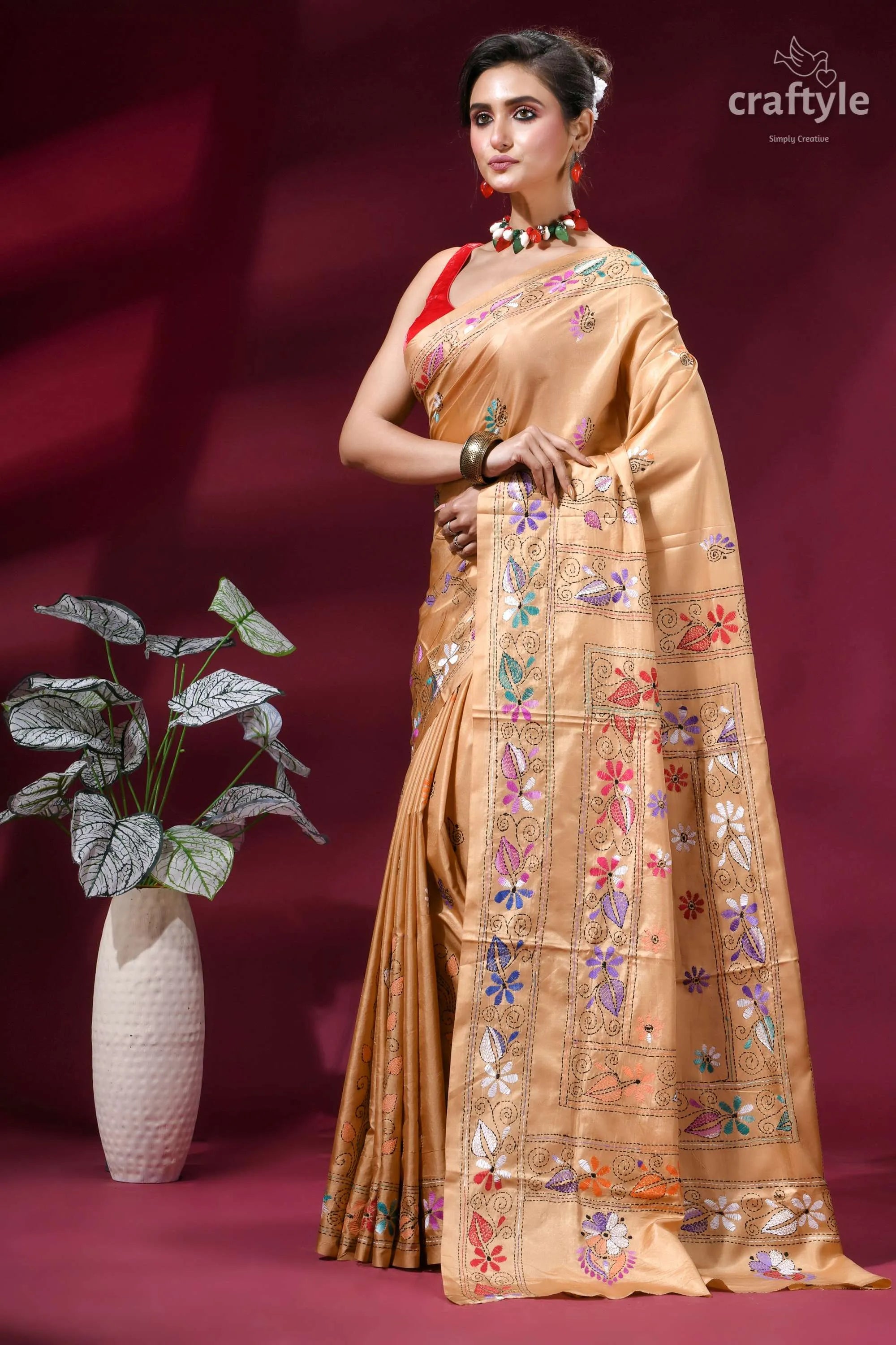 Ethnic silk kantha stitch saree in desert sand golden silk saree adorned intricate 3