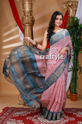 Exclusive blush pink hand block print zari border pure tussar silk sari woman pink blue patterned saree 2