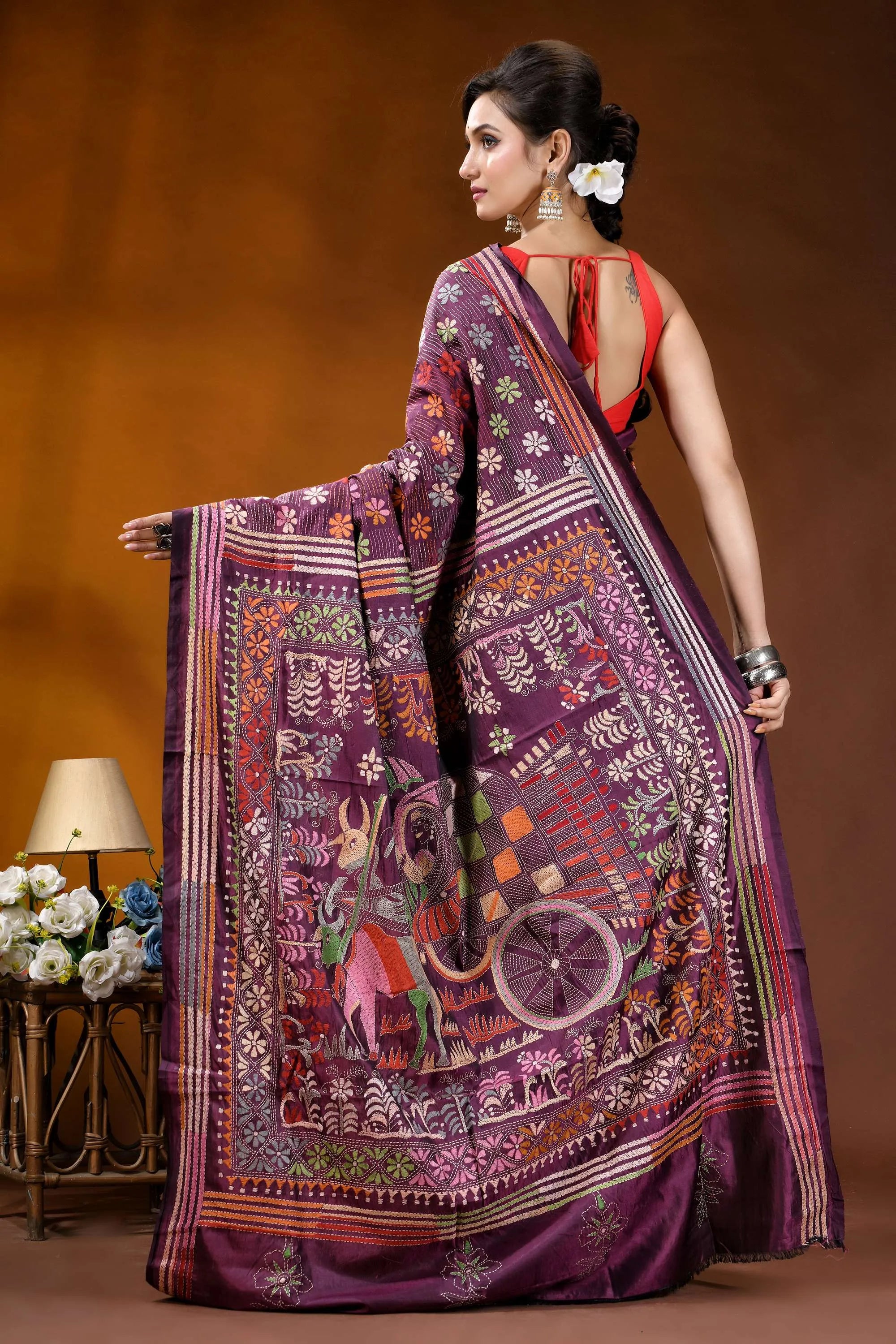 Exclusive bullock cart design handcrafted wine silk kantha stitch saree richly embroidered purple saree intricate 5