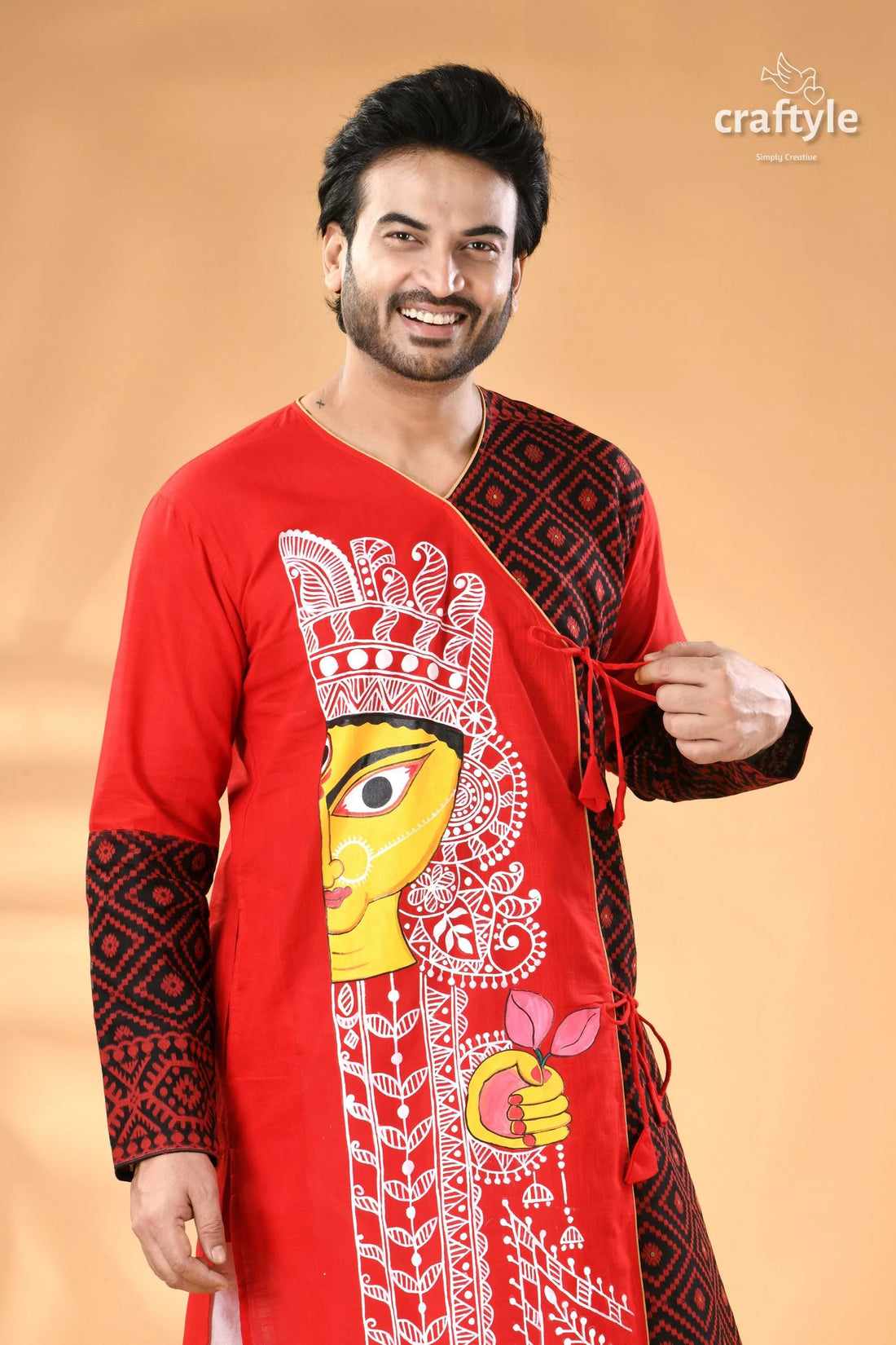Exclusive cotton jamdani punjabi for men with hand-painted ma durga men’s red black angrakha kurta 2