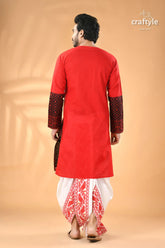 Exclusive cotton jamdani punjabi for men with hand-painted ma durga men’s red full-sleeve kurta black 6