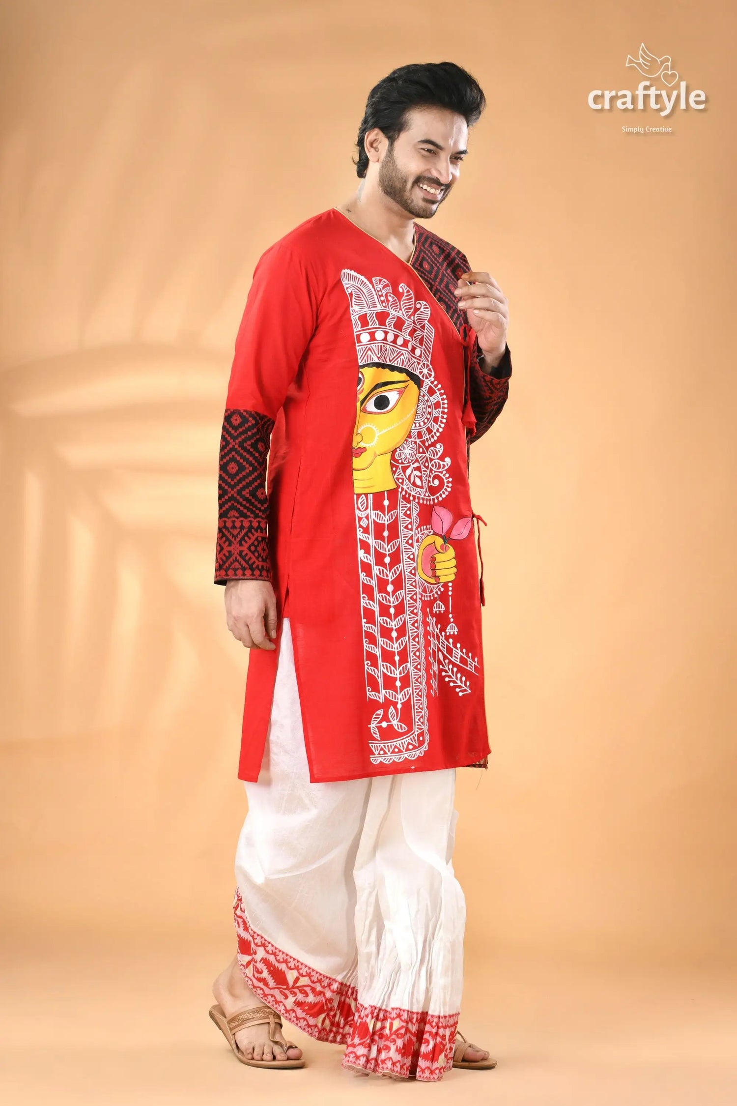 Exclusive cotton jamdani punjabi for men with hand-painted ma durga men’s red kurta yellow white 3