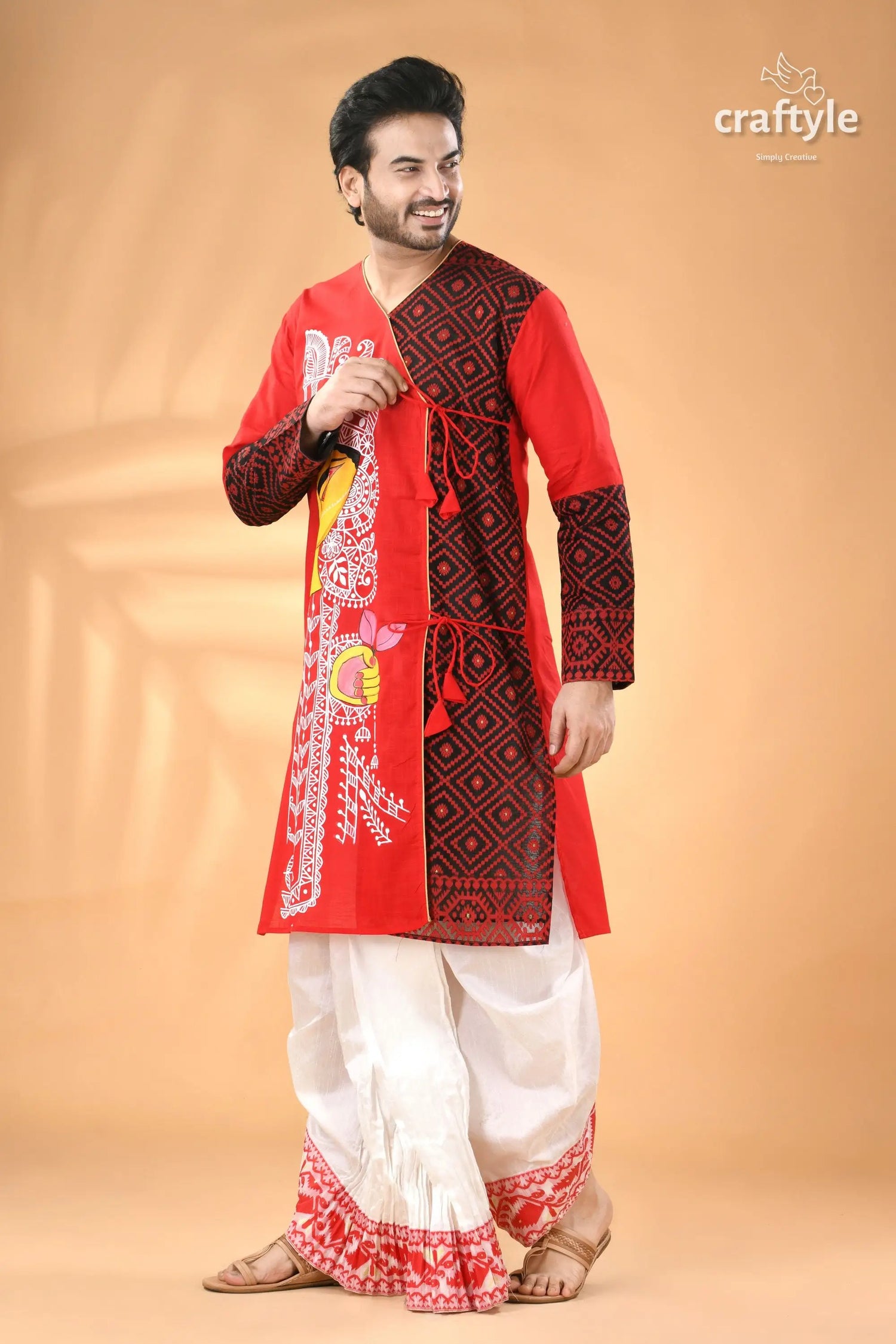 Exclusive cotton jamdani punjabi for men with hand-painted ma durga men’s red black patterned kurta 4