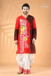 Exclusive cotton jamdani punjabi for men with hand-painted ma durga men’s red black patterned kurta 1