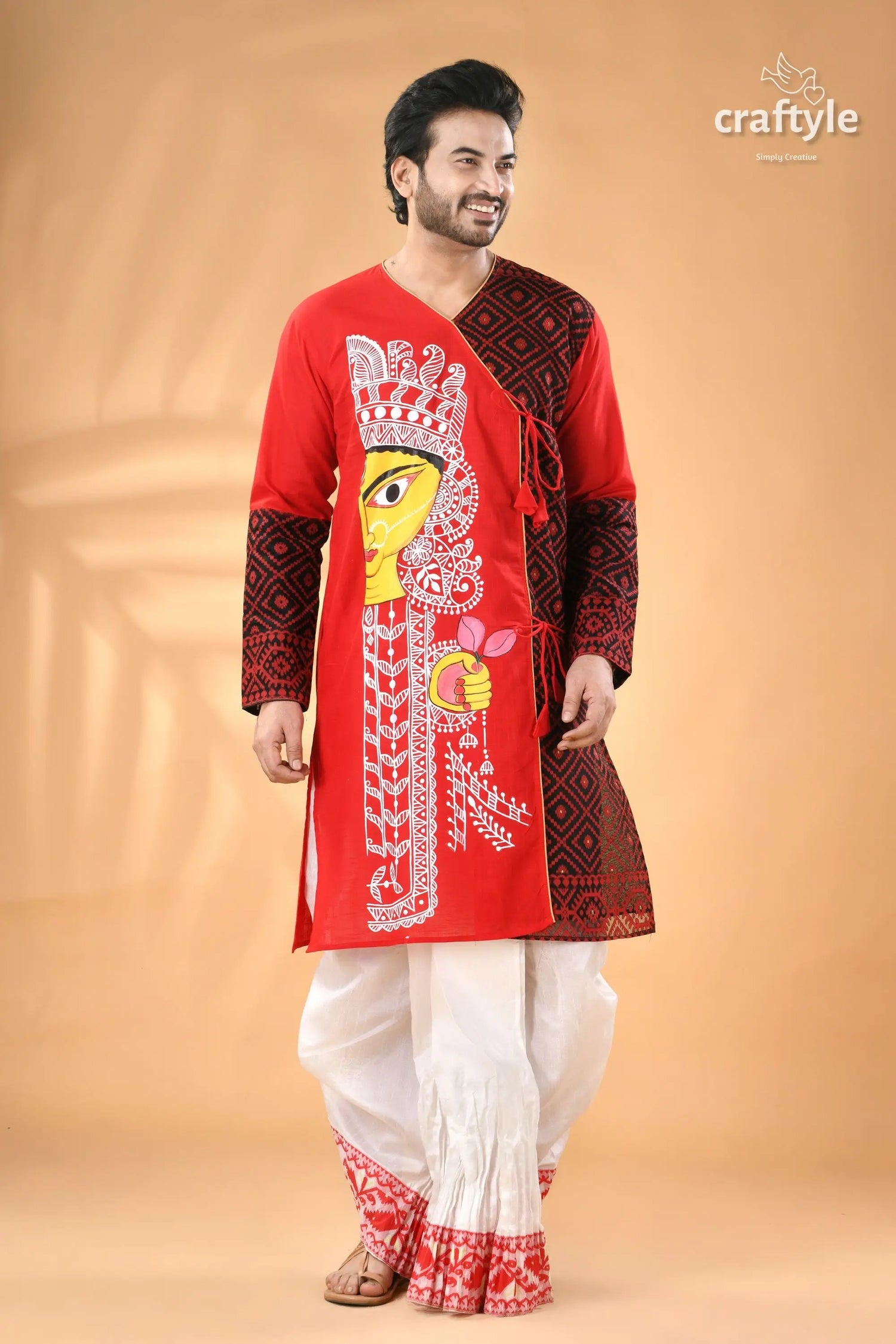 Exclusive cotton jamdani punjabi for men with hand-painted ma durga men’s red black printed kurta 5
