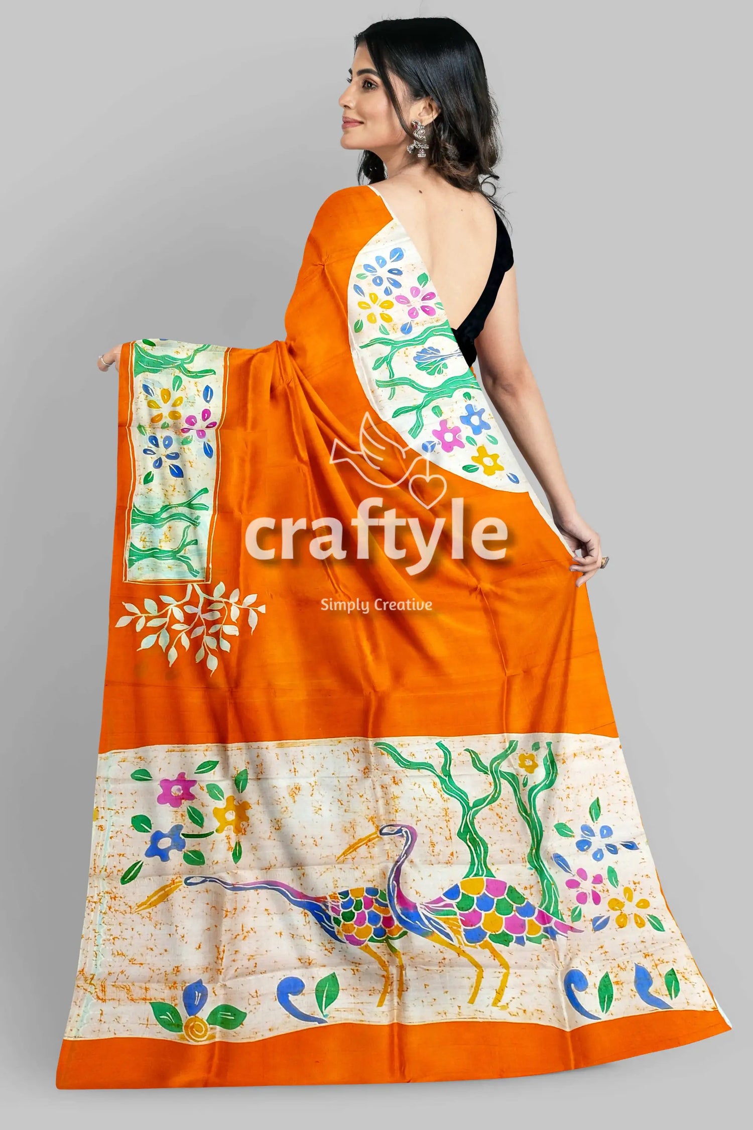 Exclusive deep saffron hand batik pure mulberry silk saree - sari orange saree bird floral designs 4