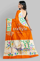 Exclusive deep saffron hand batik pure mulberry silk saree - sari orange saree bird floral designs 4