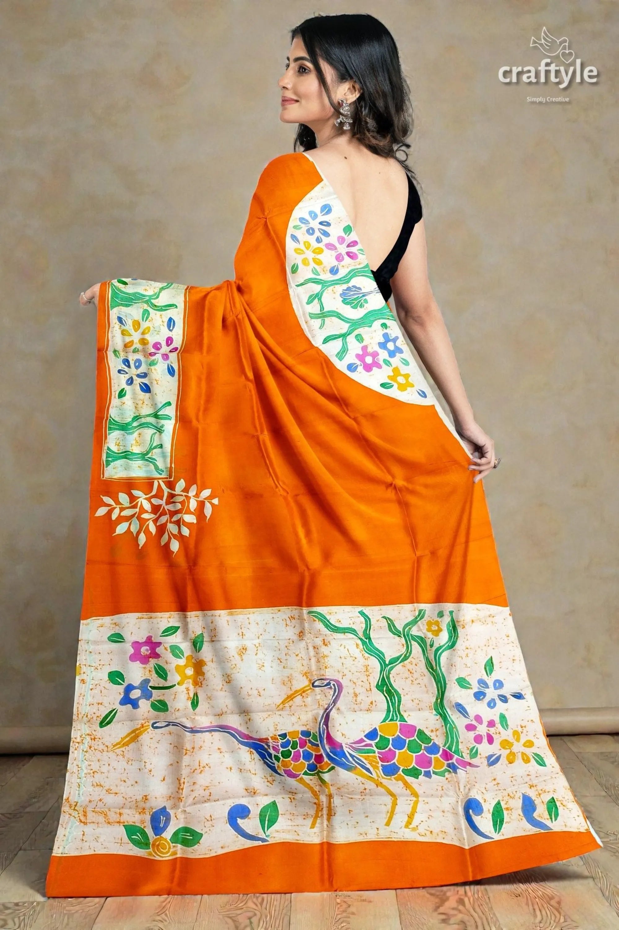Exclusive deep saffron hand batik pure mulberry silk saree - sari vibrant orange saree white border 3