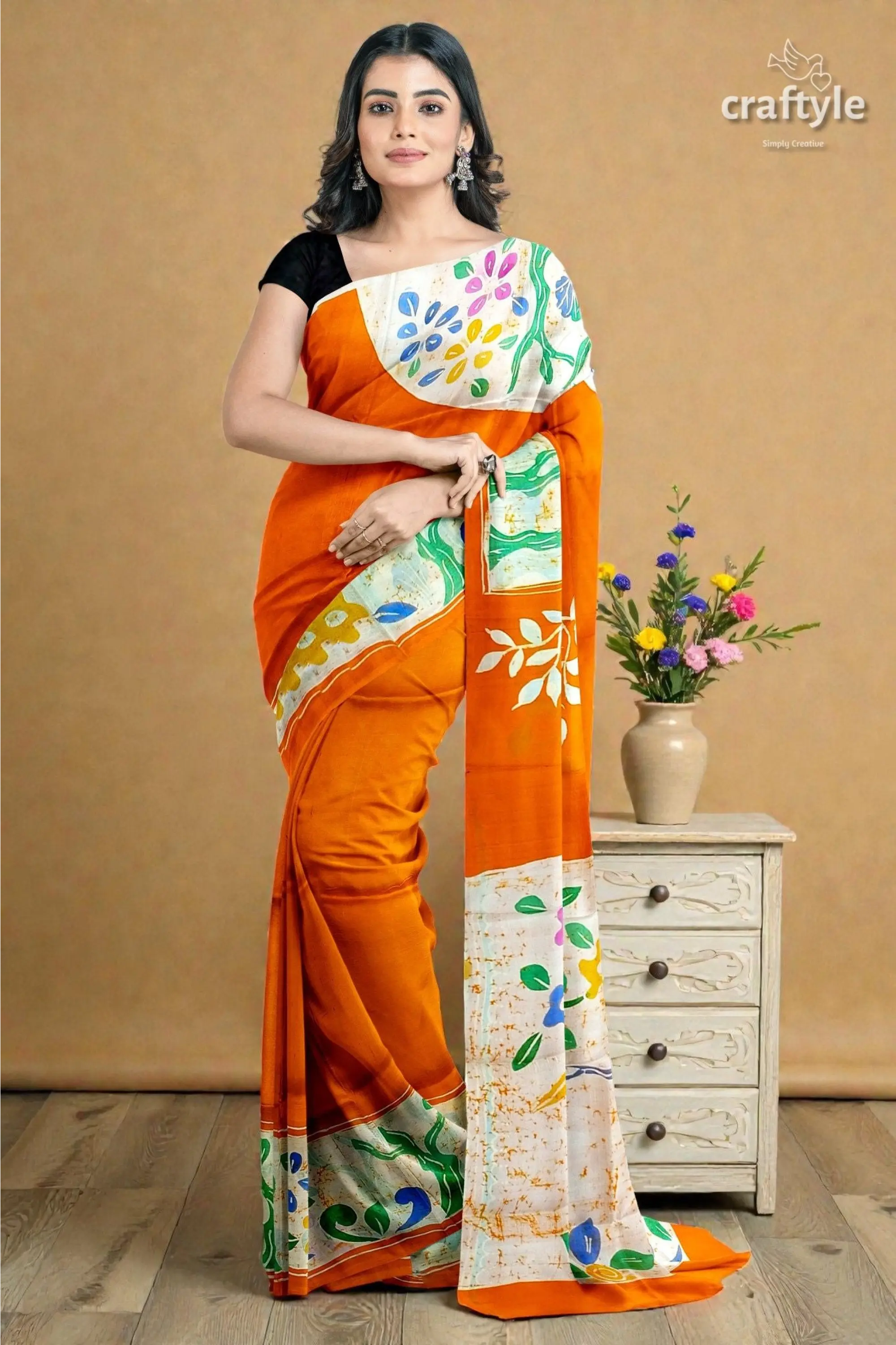 Exclusive deep saffron hand batik pure mulberry silk saree - sari 4