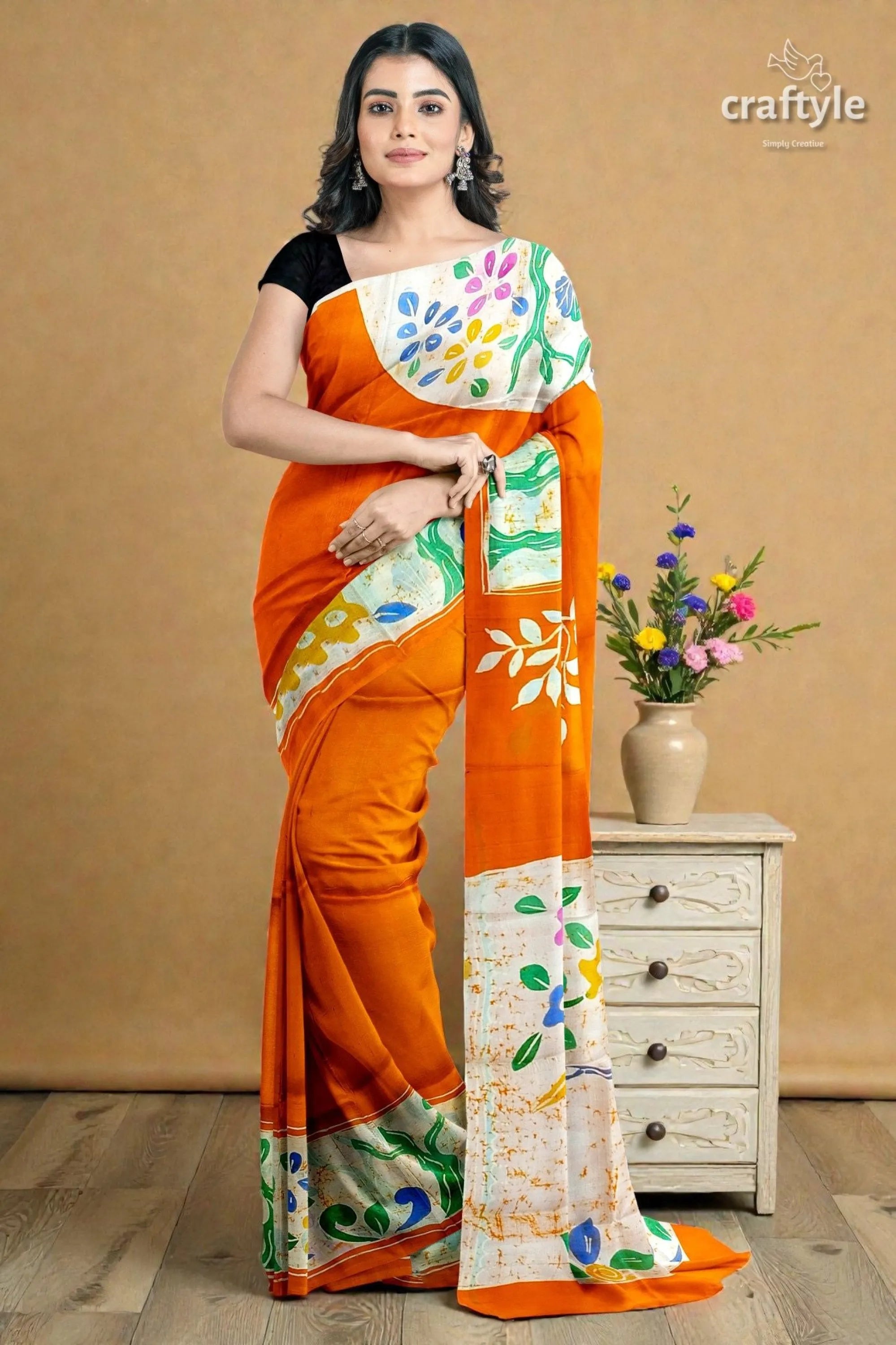Exclusive deep saffron hand batik pure mulberry silk saree - sari vibrant orange saree white border 4