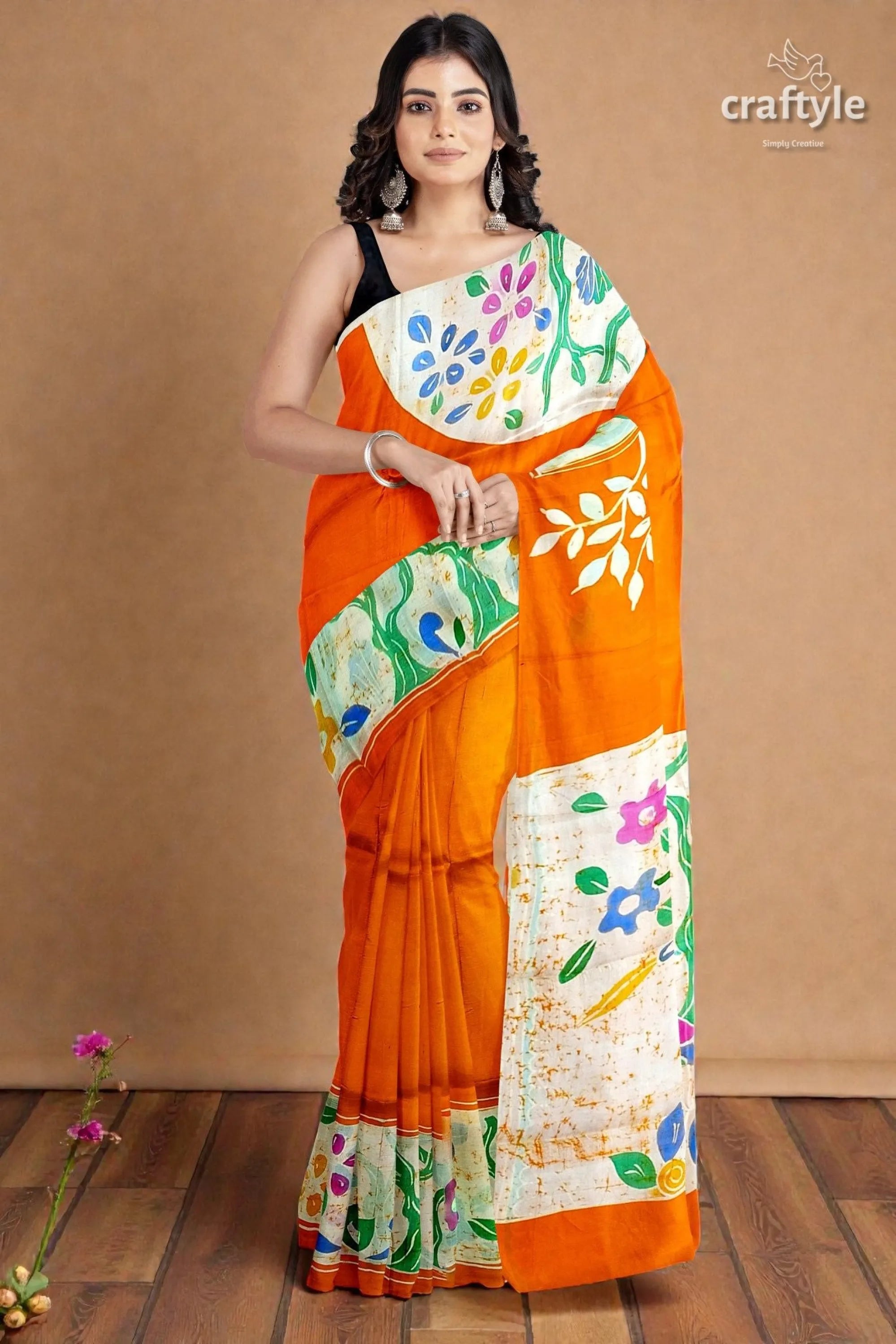 Exclusive deep saffron hand batik pure mulberry silk saree - sari vibrant orange silk saree white 2