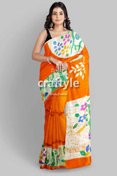Exclusive deep saffron hand batik pure mulberry silk saree - sari orange saree floral batik print 2