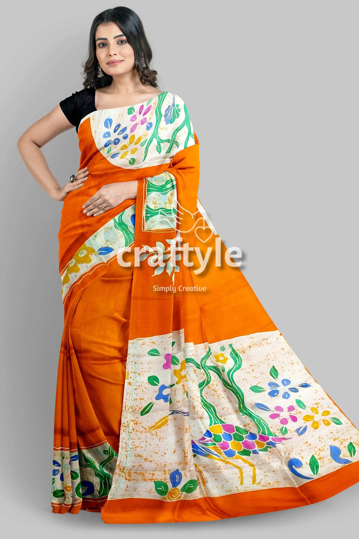 Exclusive deep saffron hand batik pure mulberry silk saree - sari orange white batik saree 1