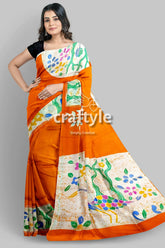 Exclusive deep saffron hand batik pure mulberry silk saree - sari orange white batik saree 1