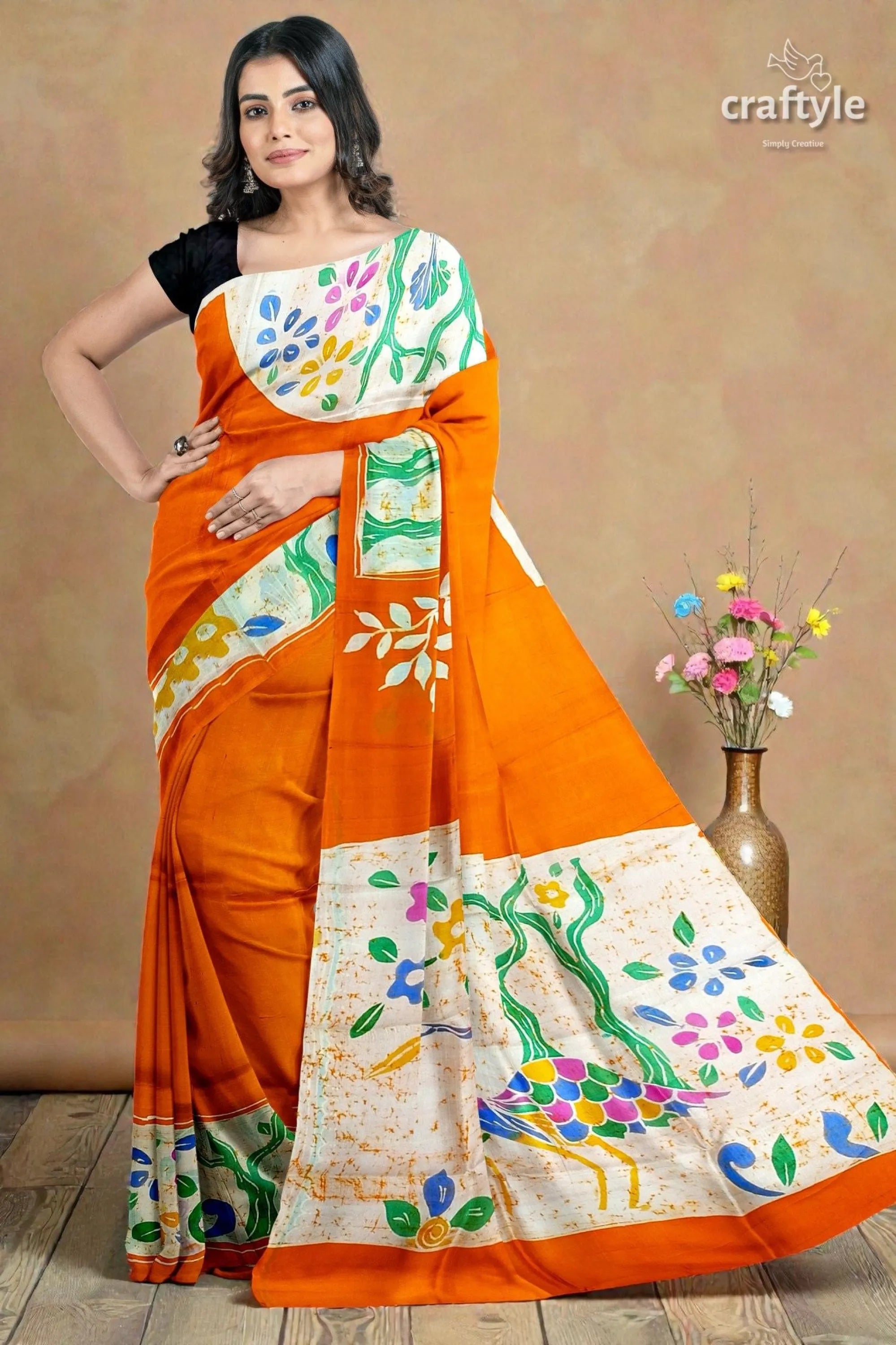 Exclusive deep saffron hand batik pure mulberry silk saree - sari vibrant orange saree colorful floral 1
