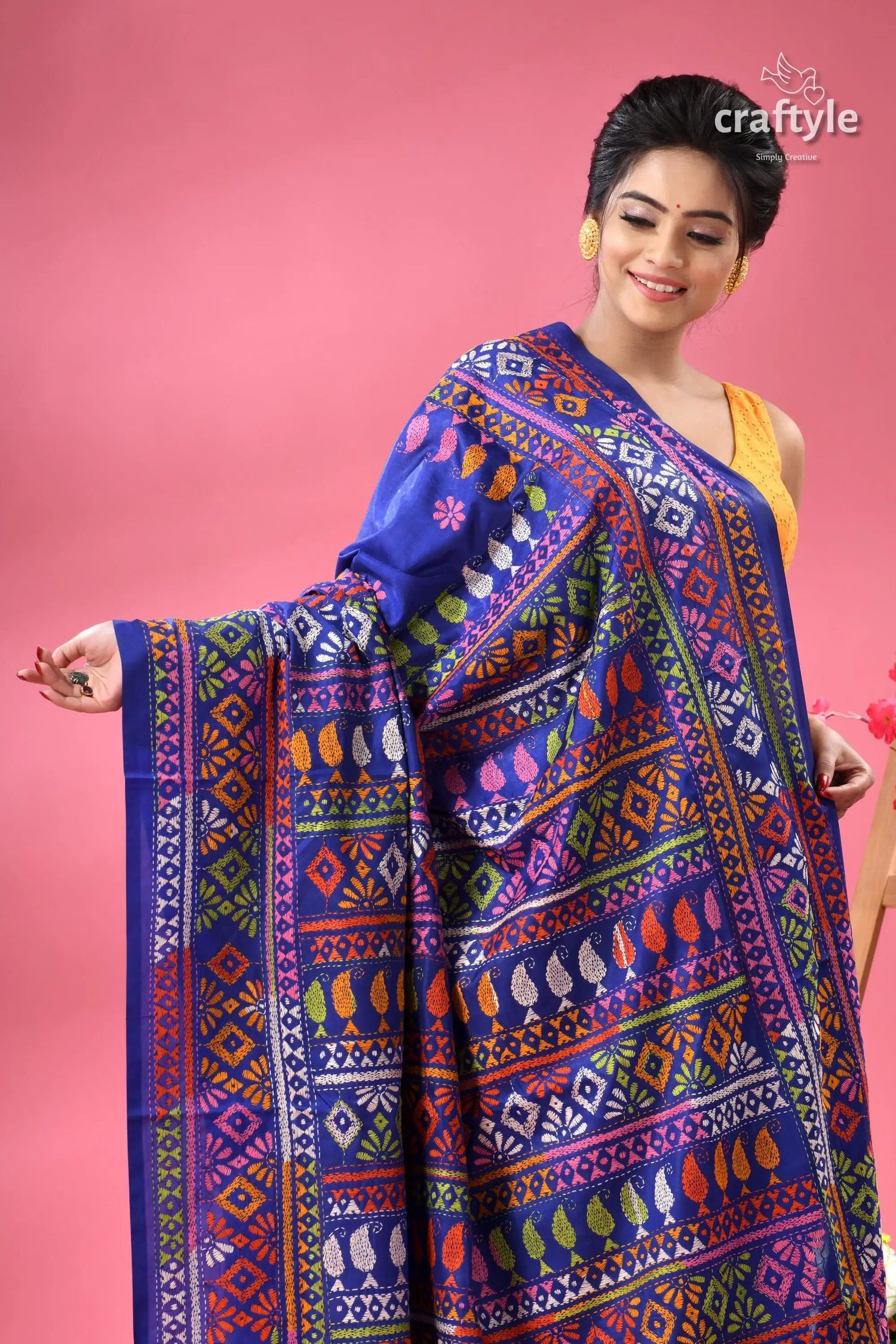 Exclusive designer persian blue hand kantha silk saree blue silk dupatta colorful geometric 2