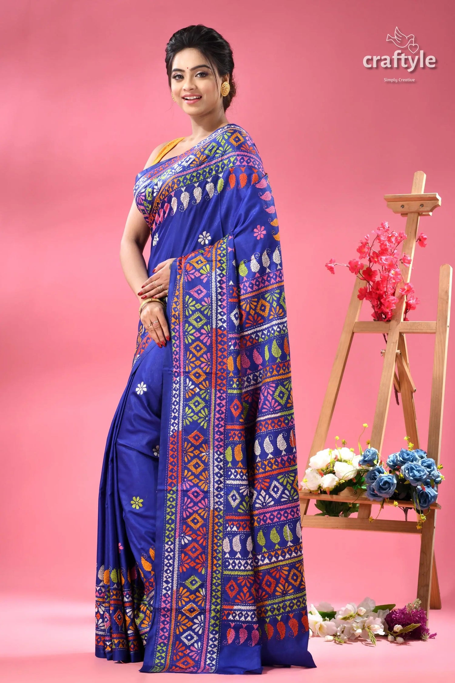 Exclusive designer persian blue hand kantha silk saree royal blue silk saree colorful 3