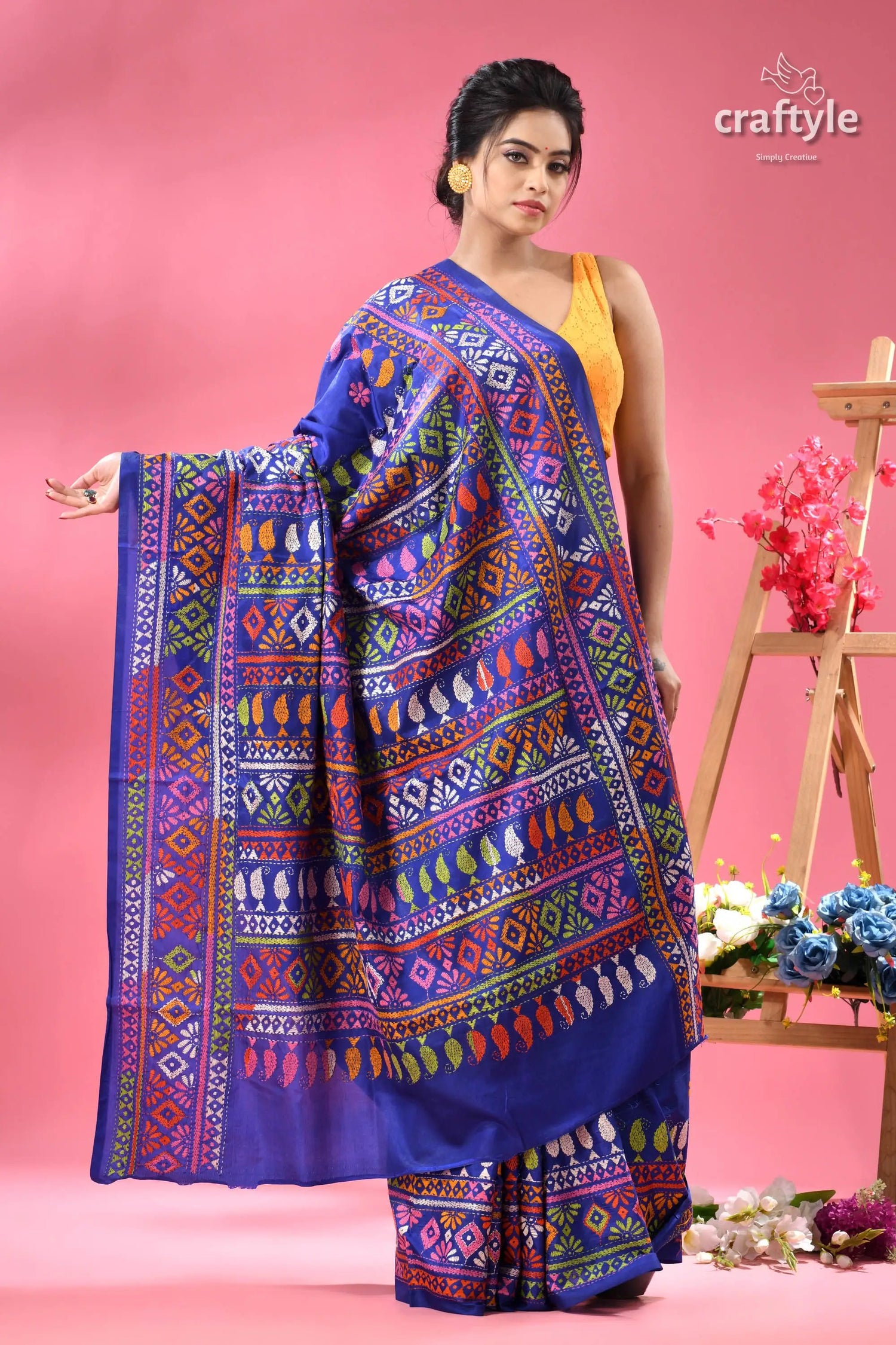 Exclusive designer persian blue hand kantha silk saree royal blue silk saree intricate 6