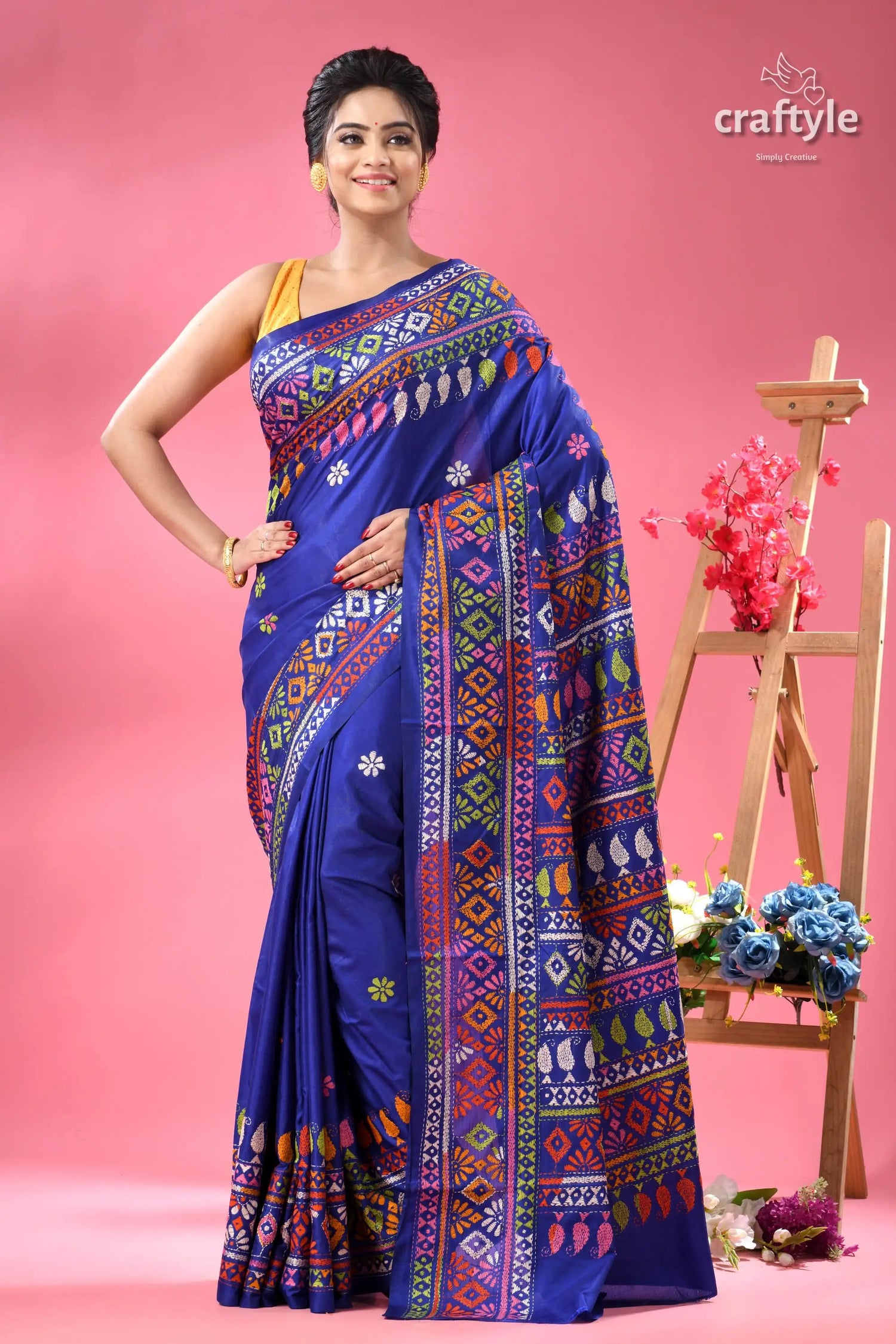 Exclusive designer persian blue hand kantha silk saree royal blue silk saree colorful 5