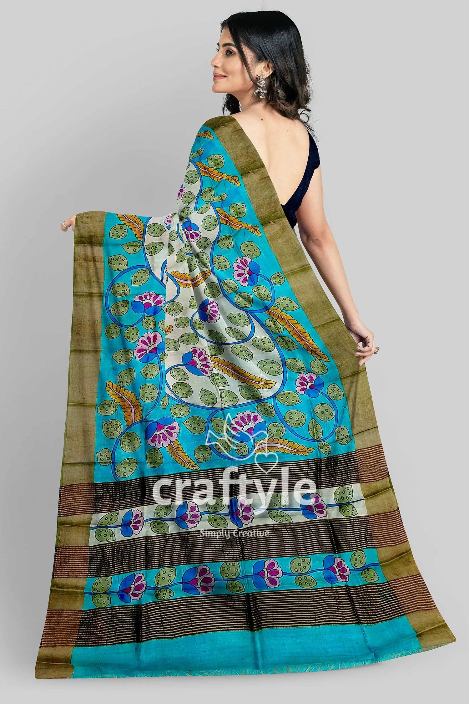 Exclusive floral design hand-painted zari border pure tussar kalamkari sari woman patterned saree 5