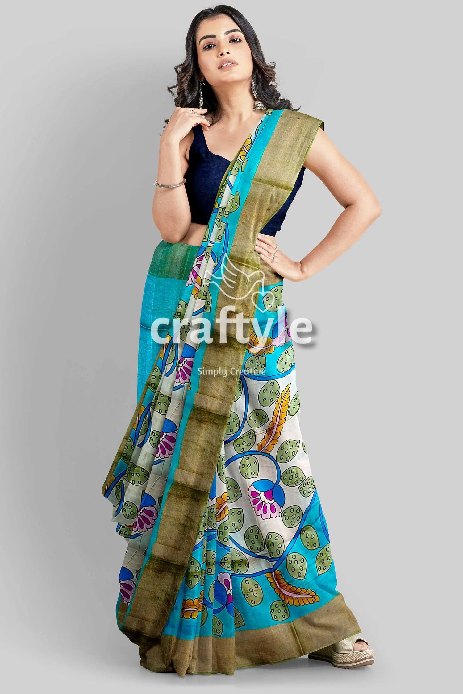Exclusive floral design hand-painted zari border pure tussar kalamkari sari woman blue white floral saree 4