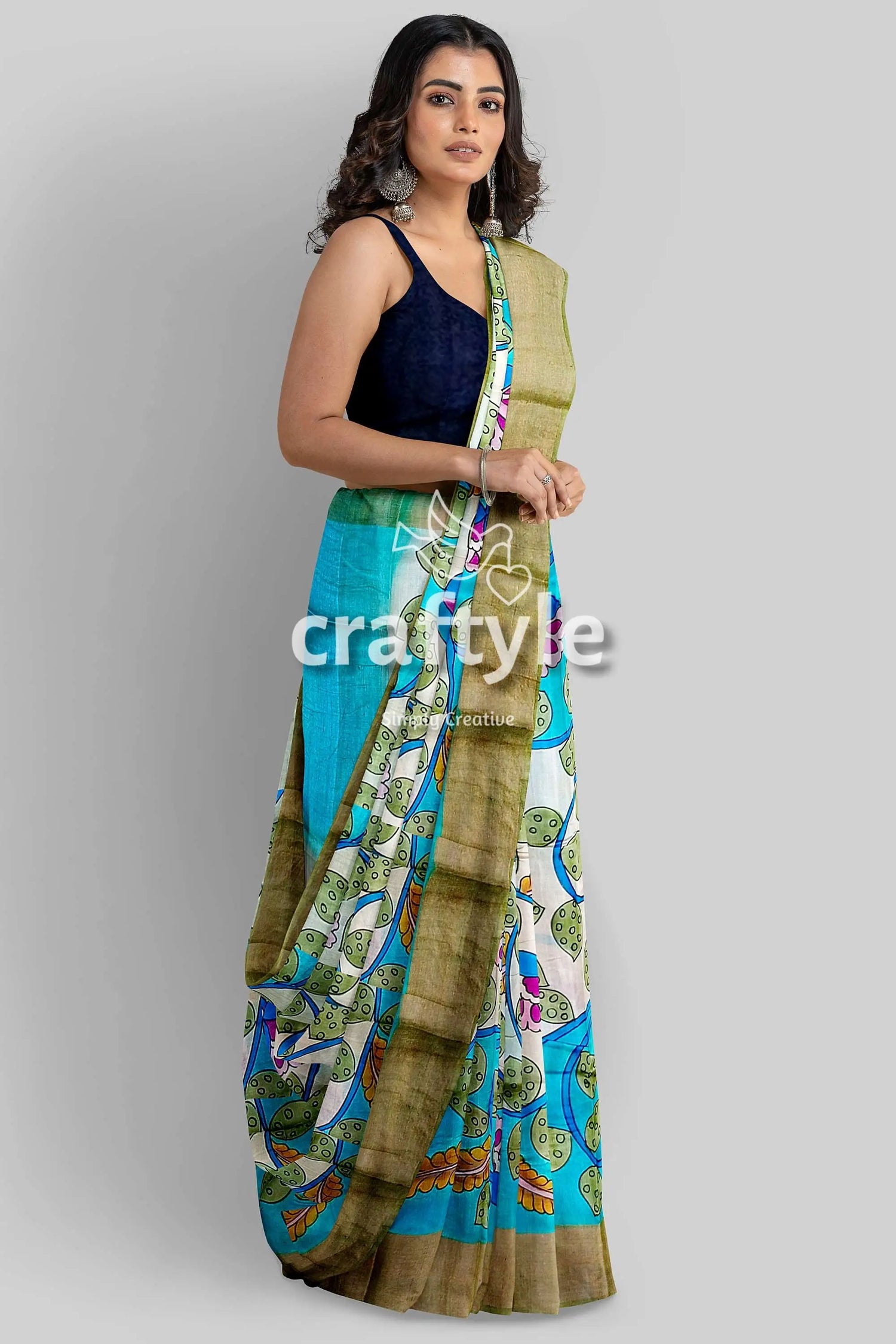 Exclusive floral design hand-painted zari border pure tussar kalamkari sari woman blue white saree 3