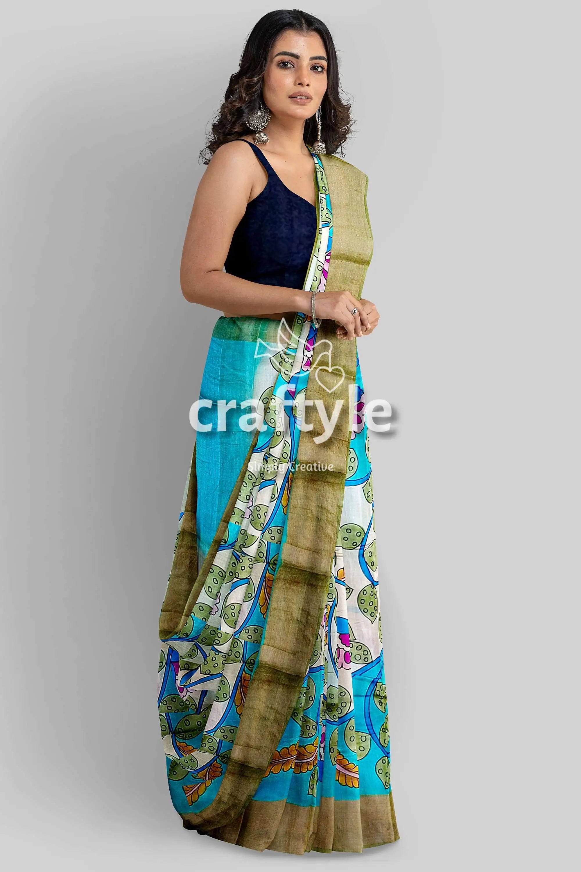 Exclusive floral design hand-painted zari border pure tussar kalamkari sari woman blue white saree 3