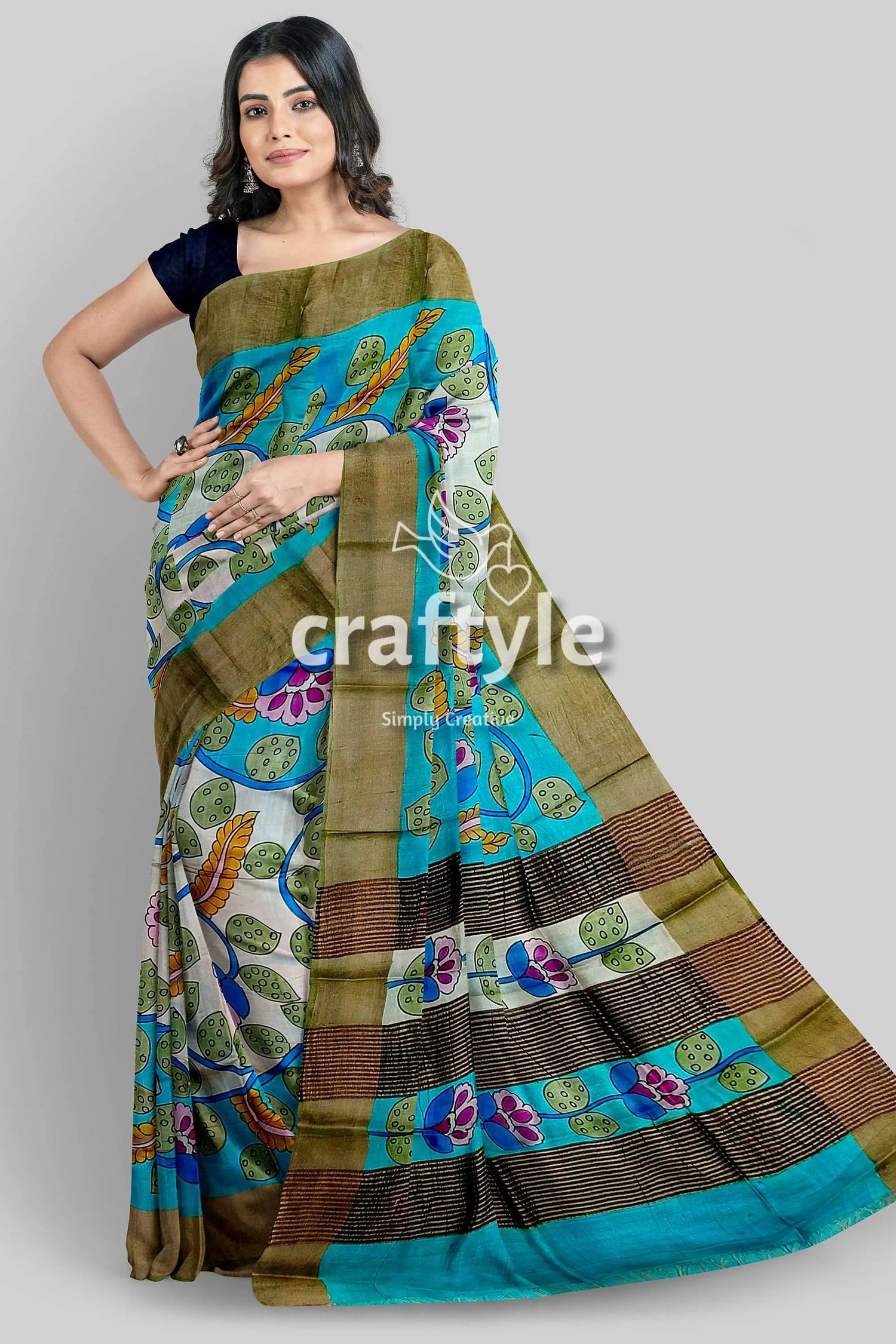 Exclusive floral design hand-painted zari border pure tussar kalamkari sari woman patterned saree 1