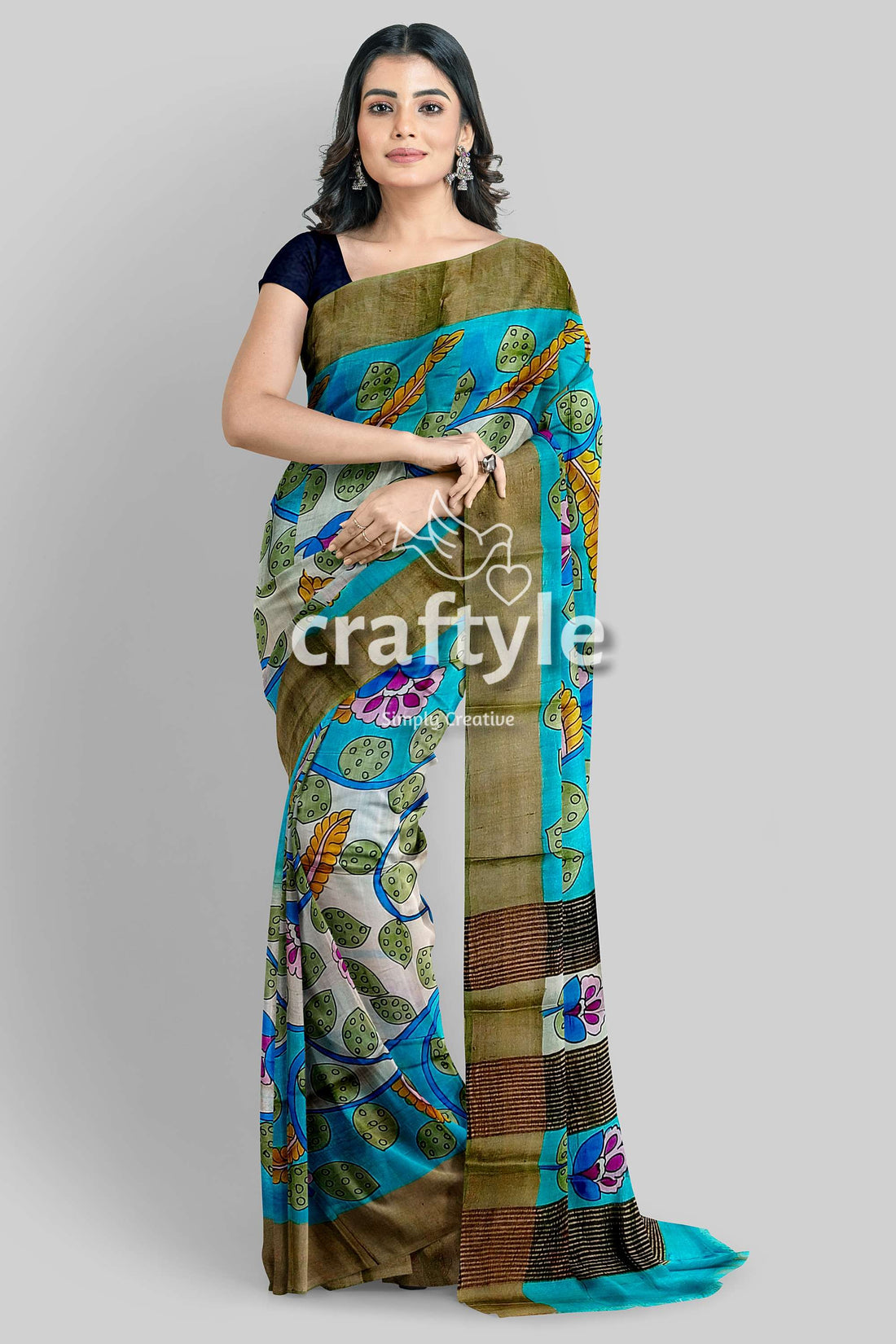 Exclusive Floral Design Hand-Painted Zari Border Pure Tussar Kalamkari Sari - Craftyle