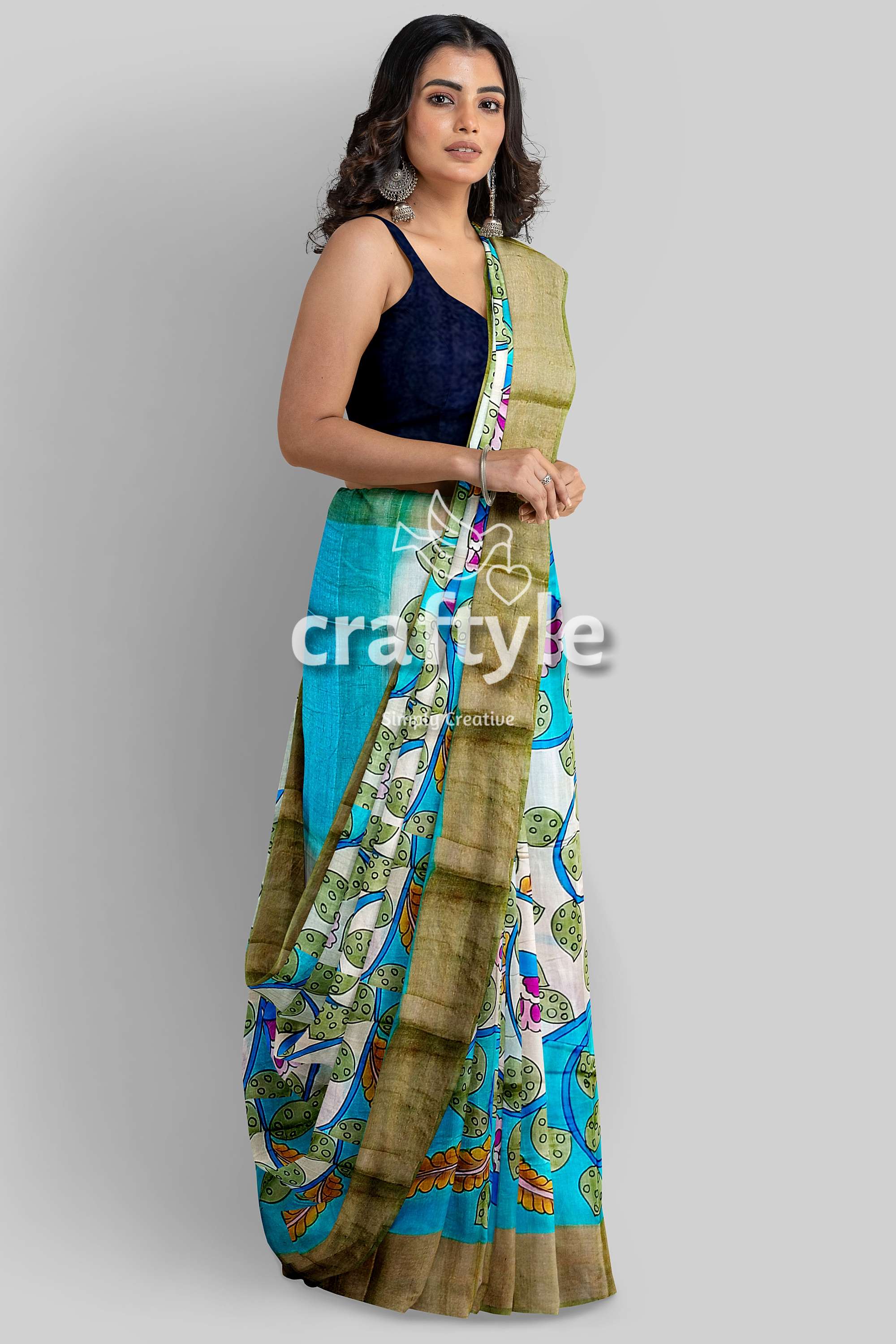 Exclusive Floral Design Hand-Painted Zari Border Pure Tussar Kalamkari Sari - Craftyle